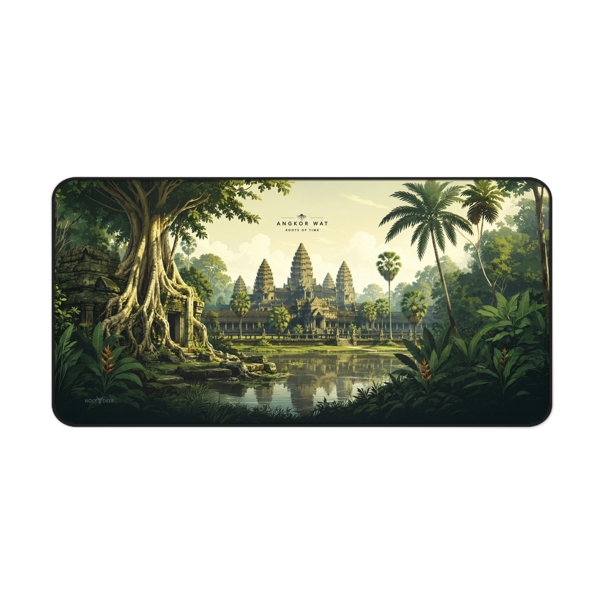 HOLY DEER Angkor Wat desk mat featuring the Roots of Time temple landscape for fans of travel art and historic architecture