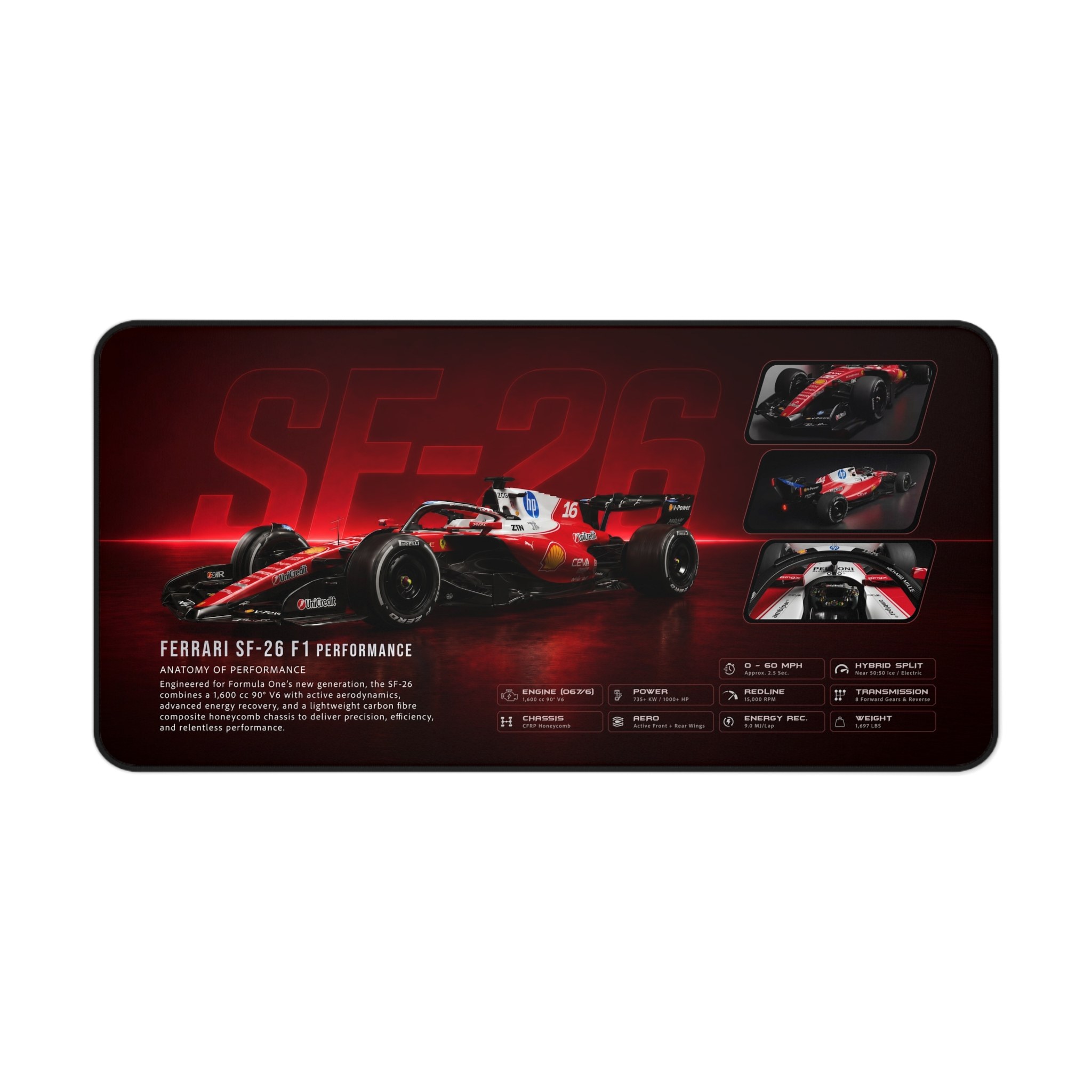 Ferrari SF-26 F1 desk mat artwork with Formula racing cockpit and steering wheel details
