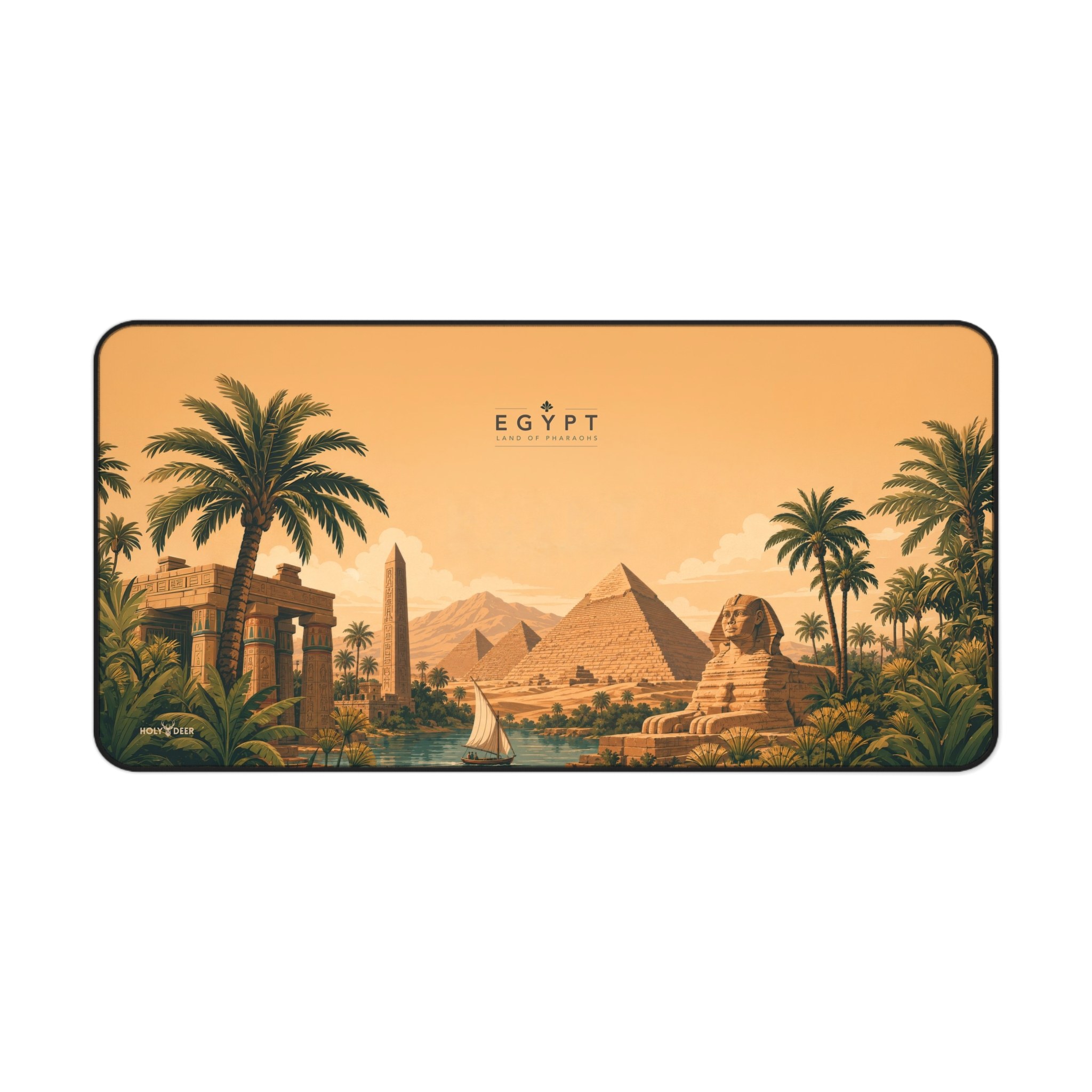 Egypt travel desk mat with pyramids, palms and a sailboat, bringing illustrated desert and river scenery to a desk.
