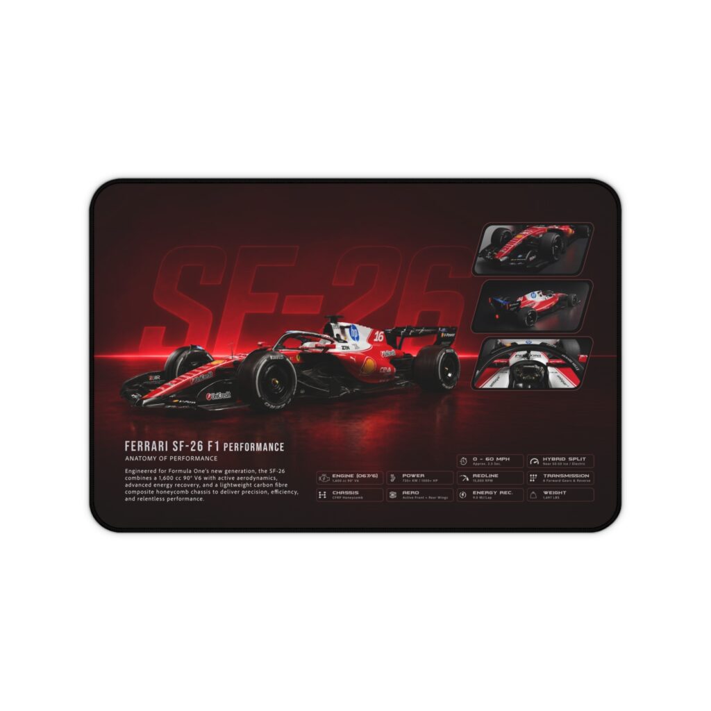 Ferrari SF-26 F1 desk mat featuring a red Formula racing car, cockpit details and technical performance graphics