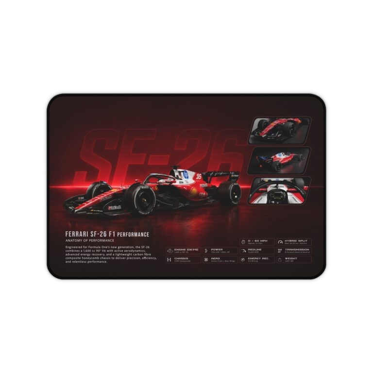 Ferrari SF-26 F1 desk mat featuring a red Formula racing car, cockpit details and technical performance graphics
