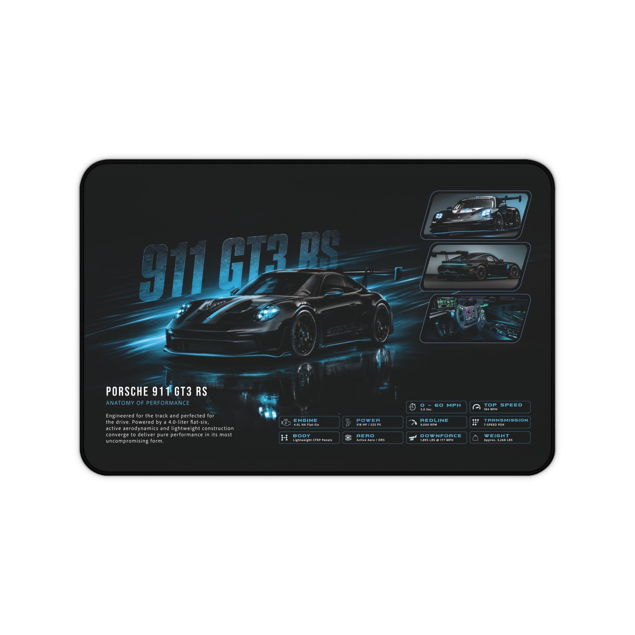 Porsche 911 GT3 RS desk mat with dark sports car artwork, electric-blue accents, framed views, and performance graphics