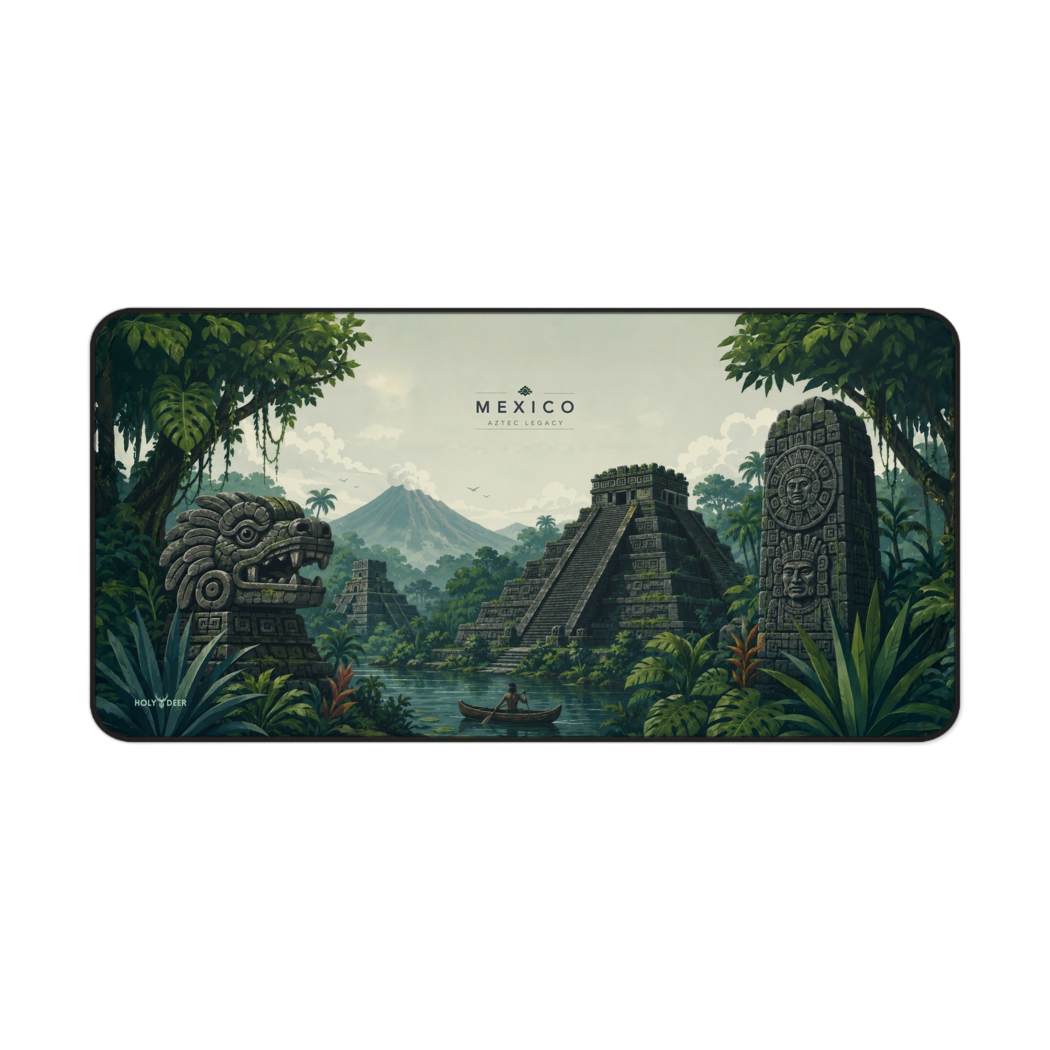 Holy Deer Mexico desk mat featuring Aztec Legacy artwork with stepped stone pyramids and a lush illustrated landscape