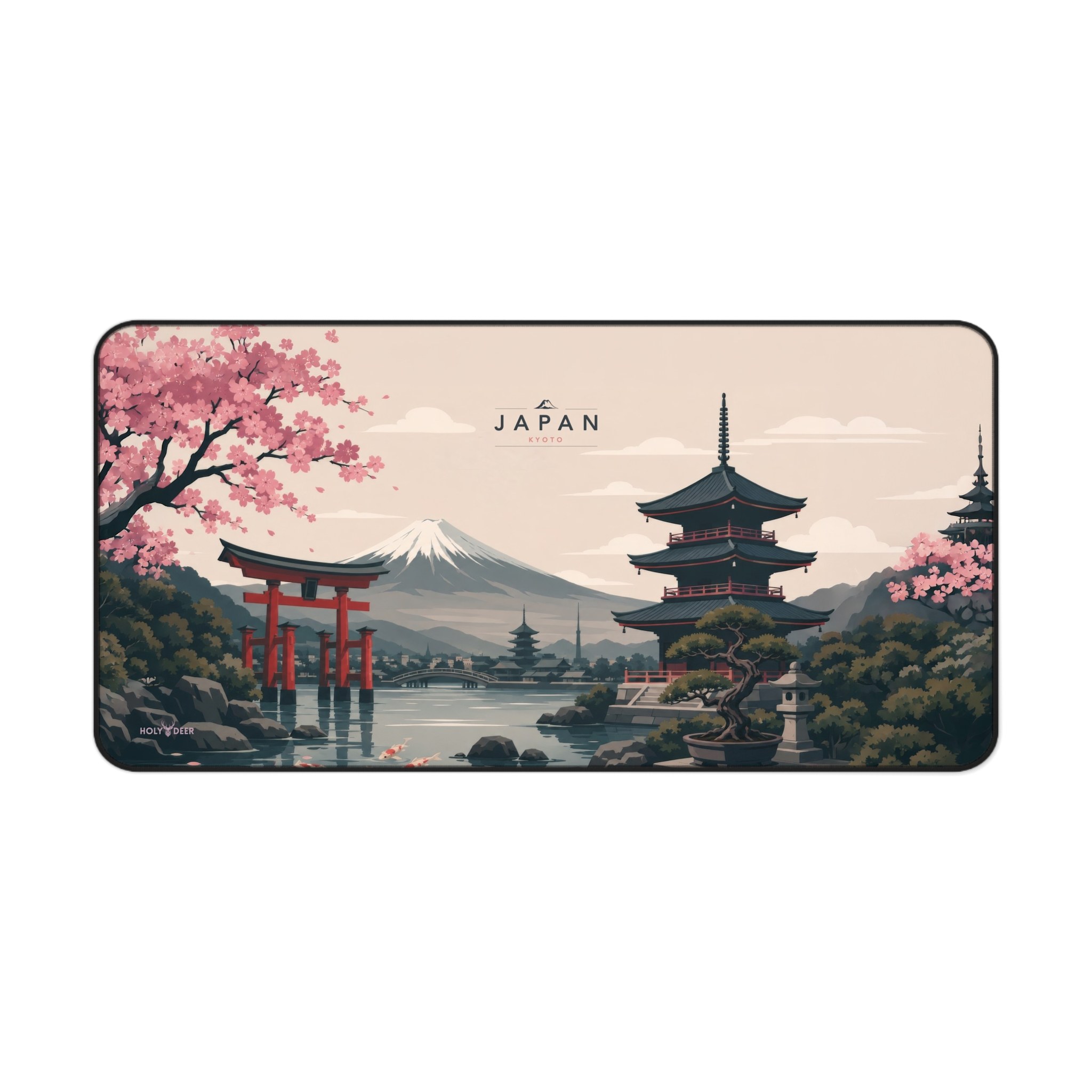 Kyoto cherry blossom desk mat featuring Japan-inspired artwork with pink blooms, tiered pagodas, and torii gates