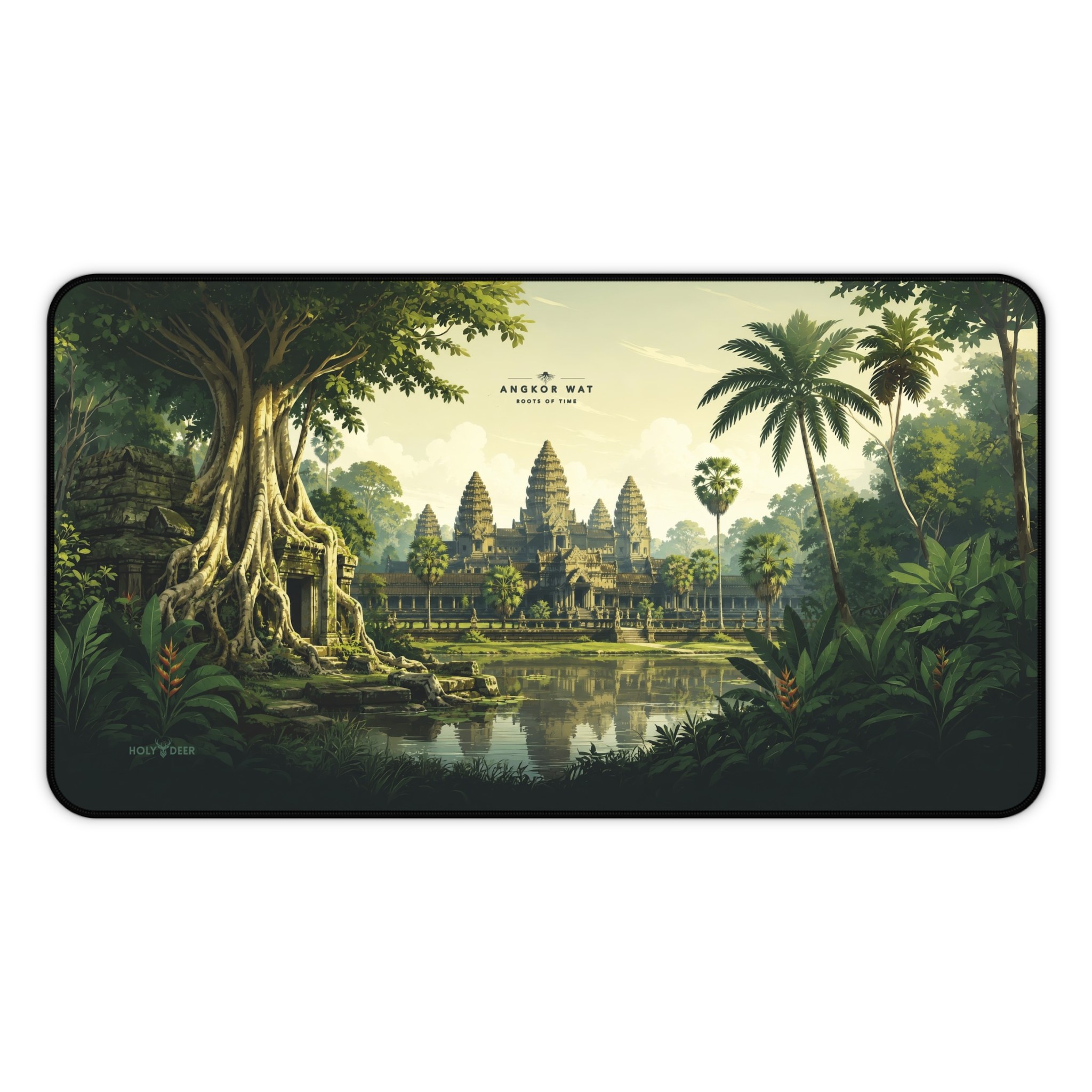 Angkor Wat desk mat with a tropical temple landscape in forest greens and warm gold, designed for a travel-inspired workspace