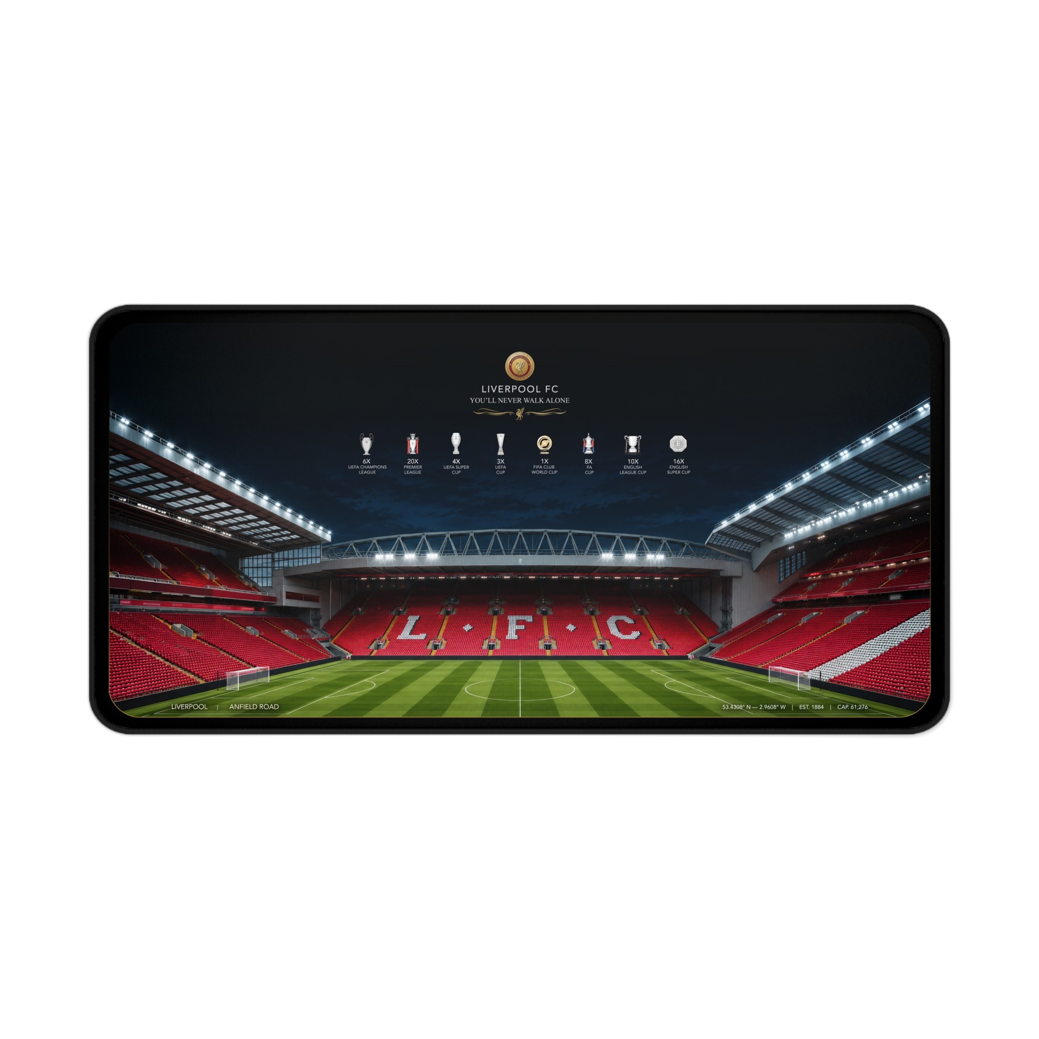 LFC Trophy Art paired with an illustration of Liverpool's stadium on a football desk mat for a home office or gaming desk