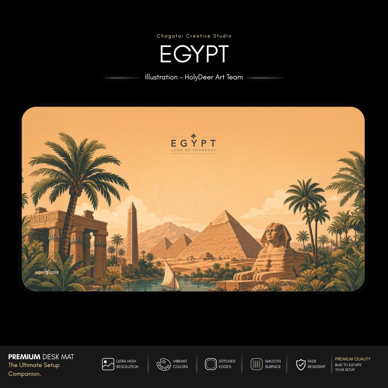 Egyptian landscape desk mat inspired by pyramids, the Sphinx and a palm-lined river for a scenic work area.