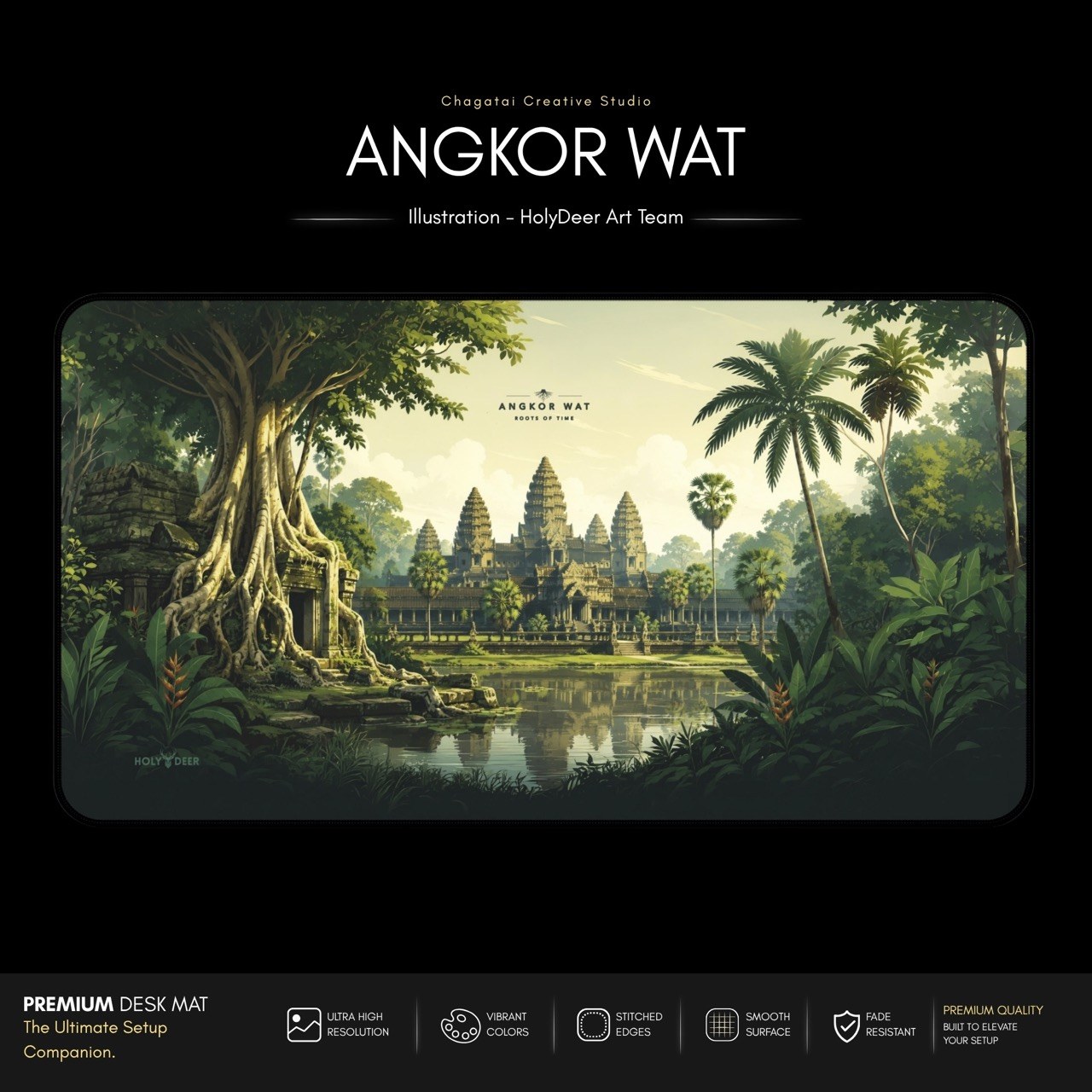Angkor Wat mouse pad with illustrated jungle ruins and temple architecture, suited to a nature-inspired keyboard-and-mouse setup