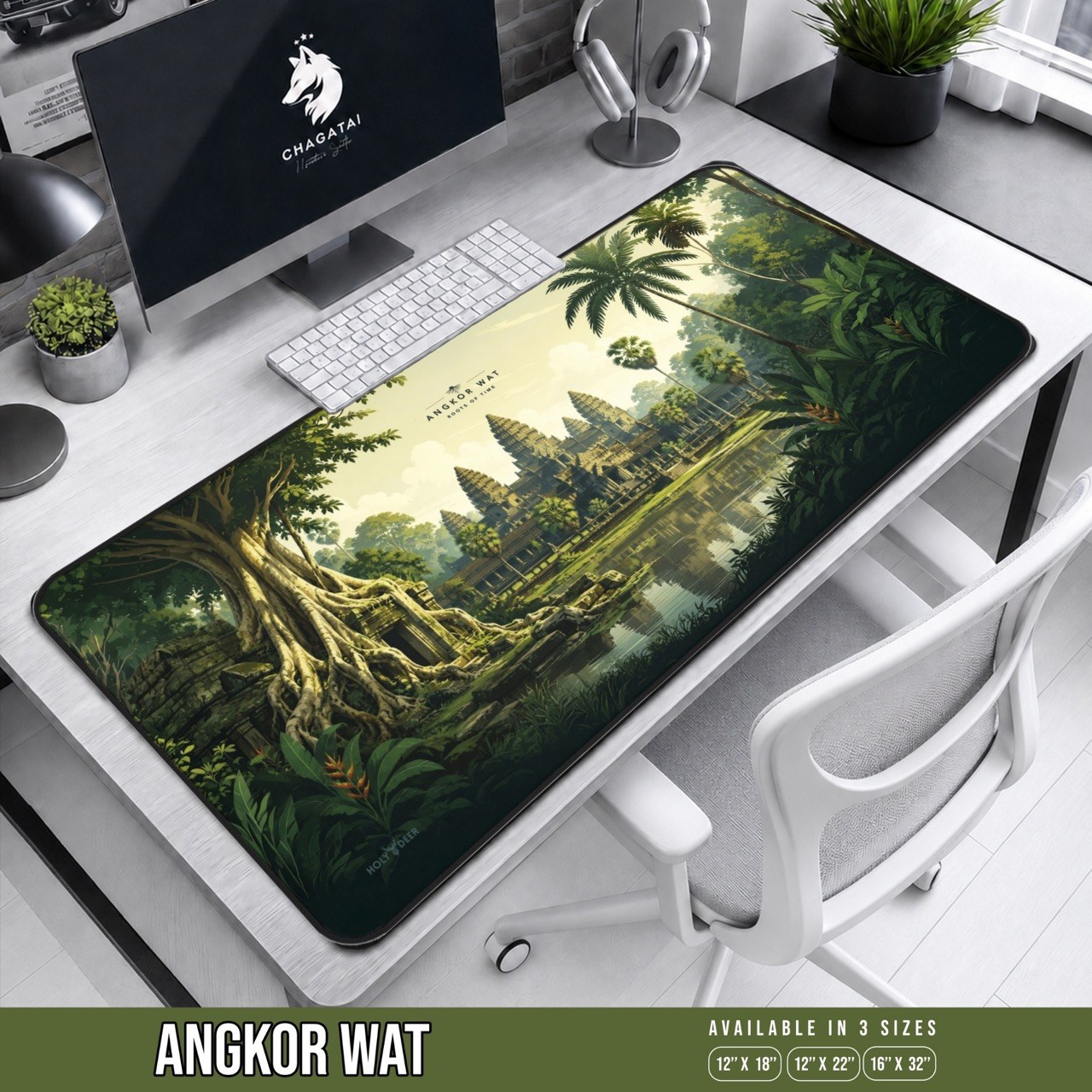 Angkor Wat temple desk mat illustrated with five temple towers, reflective water, tropical palms, exposed roots, and a dark border
