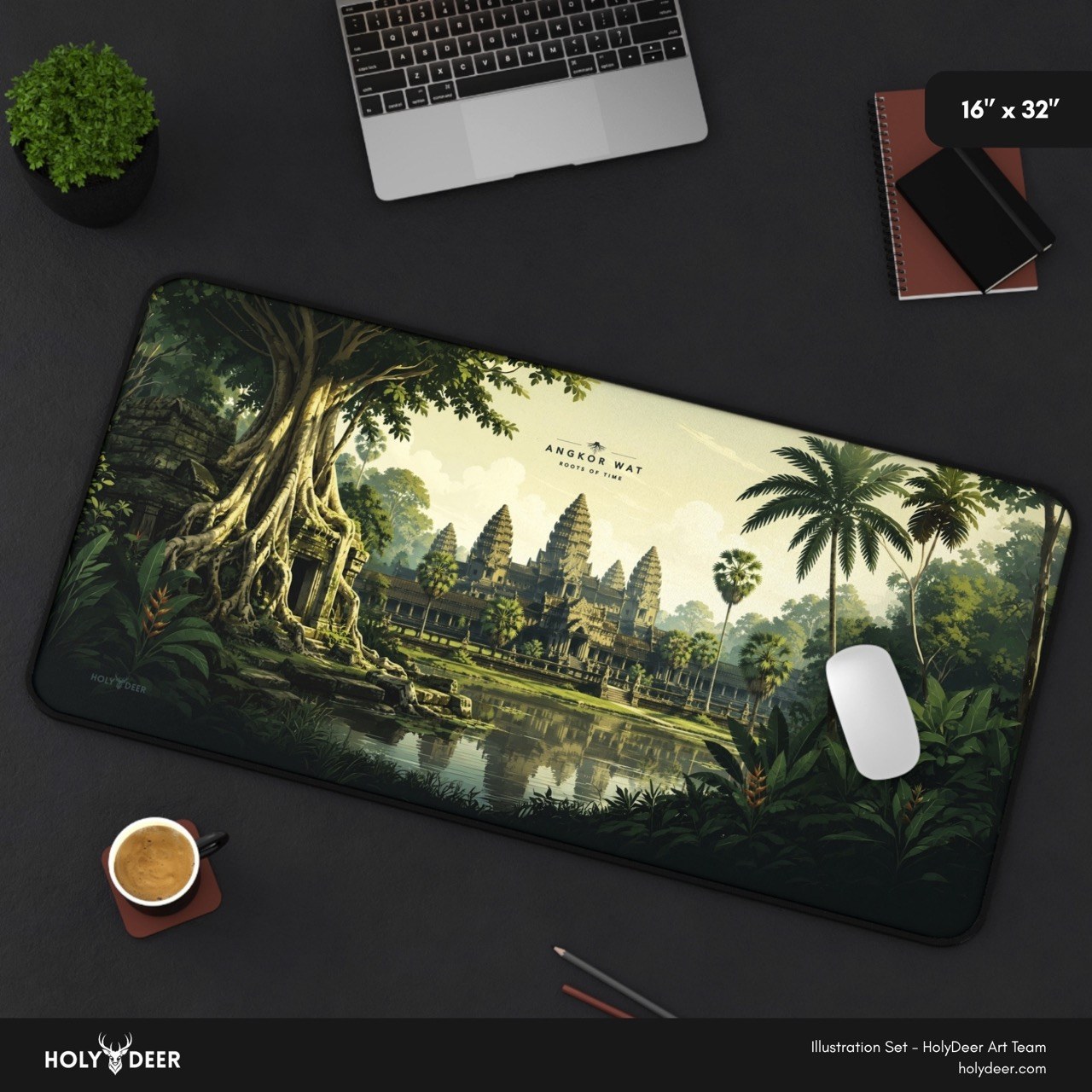 Angkor Wat jungle ruins desk mat with illustrated temple scenery and lush greenery for an architecture-inspired desk setup