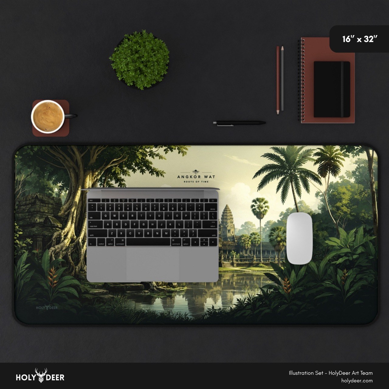 Temple landscape desk mat with Angkor Wat illustration and tropical foliage, made for a destination-inspired workspace