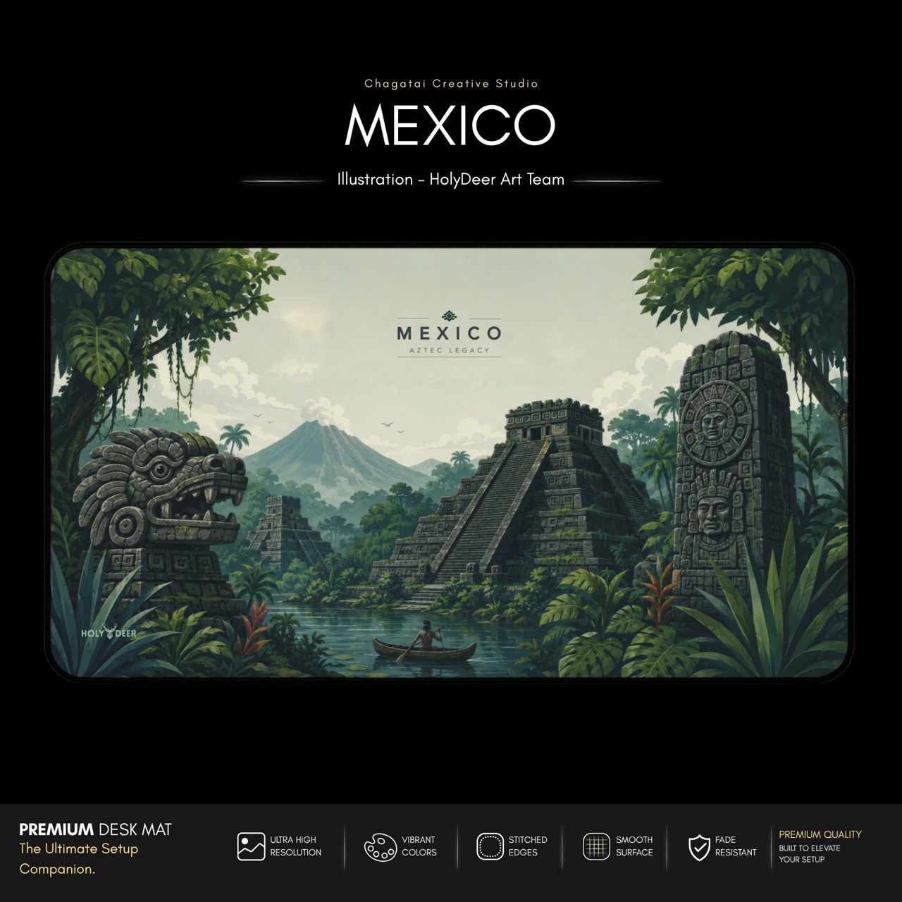 Jungle ruins desk mat with illustrated carved monuments, pyramids, and river scenery for a travel-inspired workspace