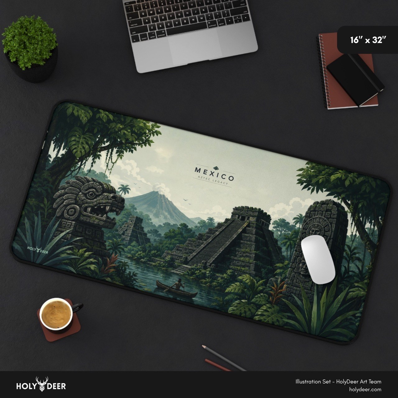 Mexico travel desk mat with Aztec Legacy lettering and a jungle pyramid illustration for an expressive keyboard and mouse space