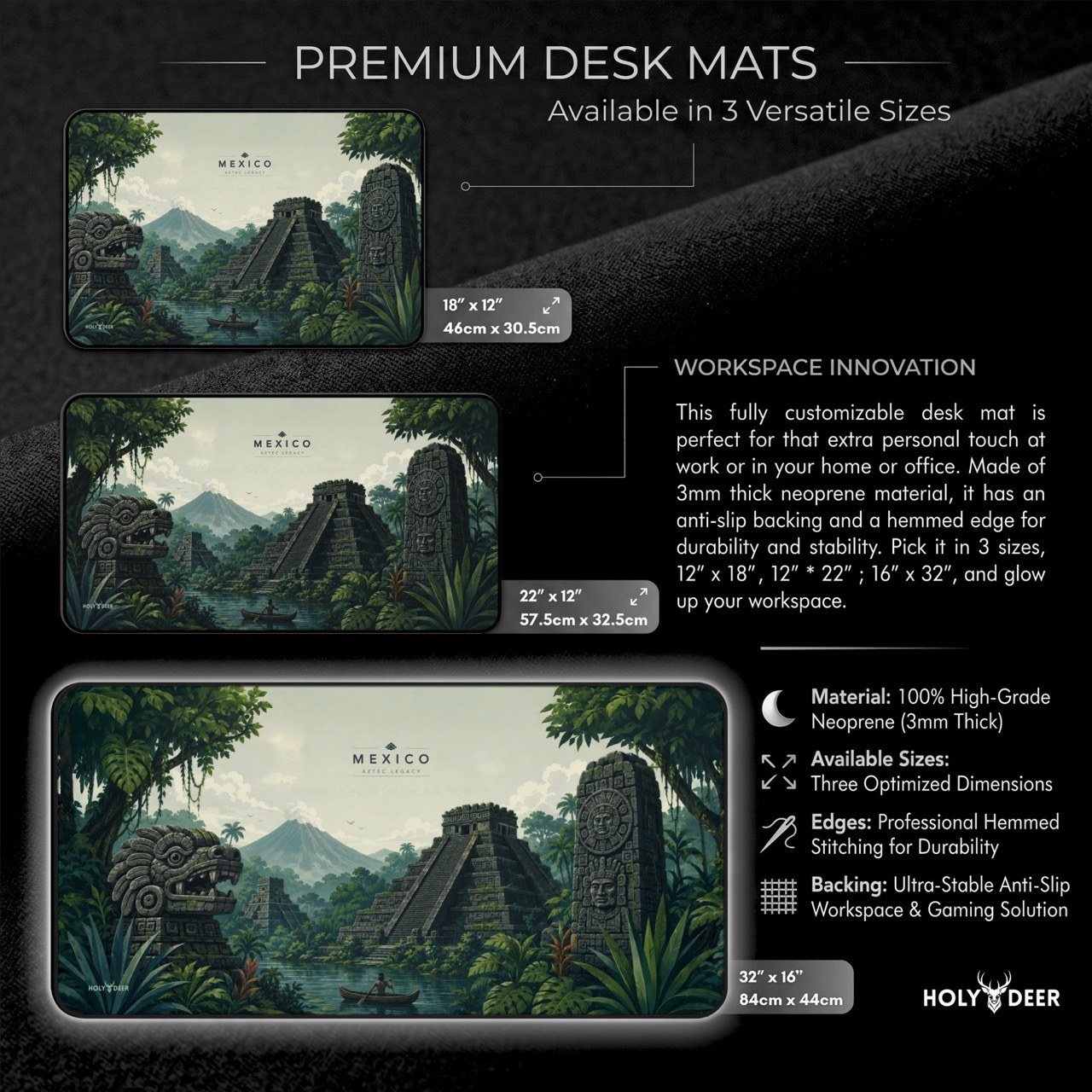 Mesoamerican-inspired desk mat showing a Mexico jungle scene with pyramids and a volcano in deep green and stone gray