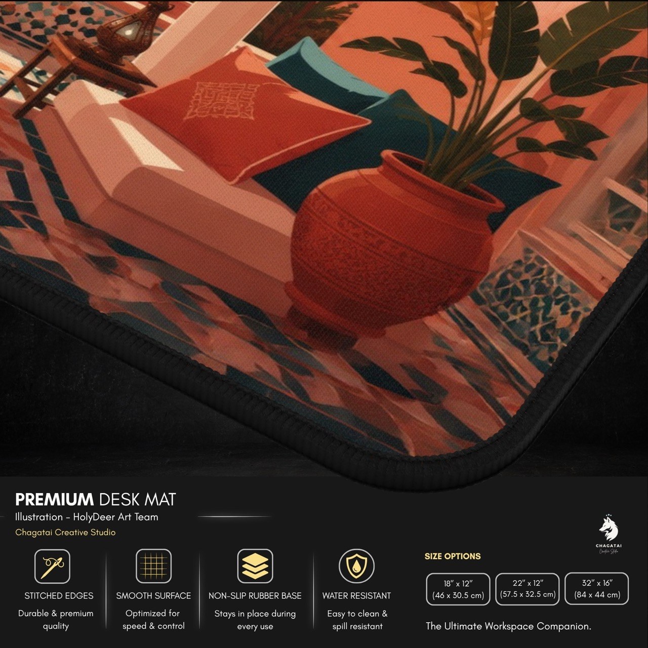 Travel landscape desk mat with Moroccan-inspired terrace artwork, terracotta buildings, palm trees, and distant mountains.