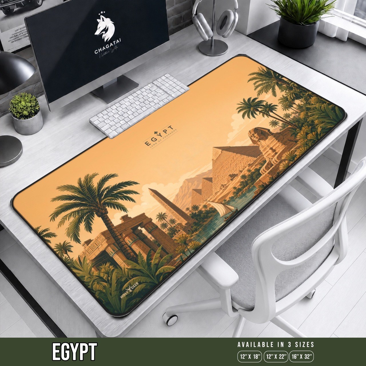 Egypt pyramids desk mat featuring the Sphinx, palm-lined river, white-sailed boat and warm desert illustration.