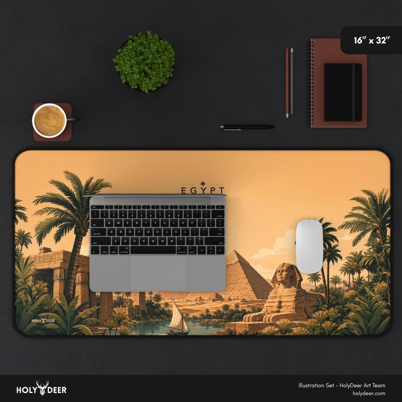 Egyptian river sailboat and palm tree desk mat with pyramids and the Sphinx, suited to a travel-art workspace.
