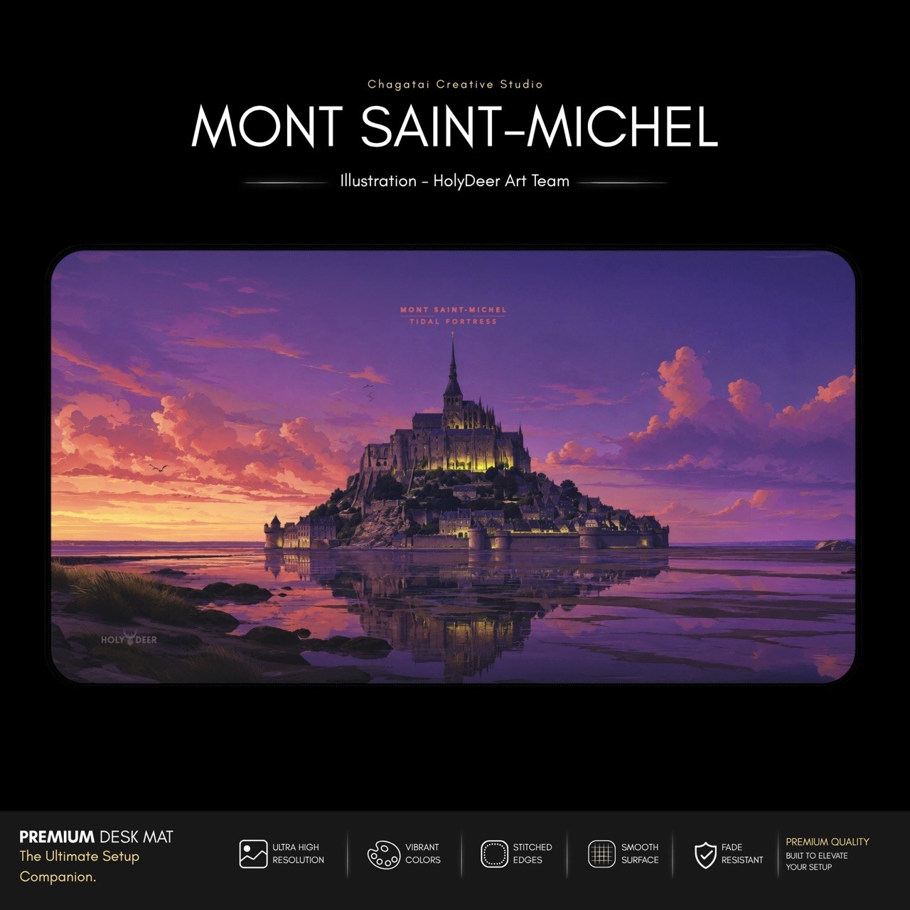 Mont Saint-Michel sunset desk mat with colorful travel artwork suited to a writing, work, or gaming space.
