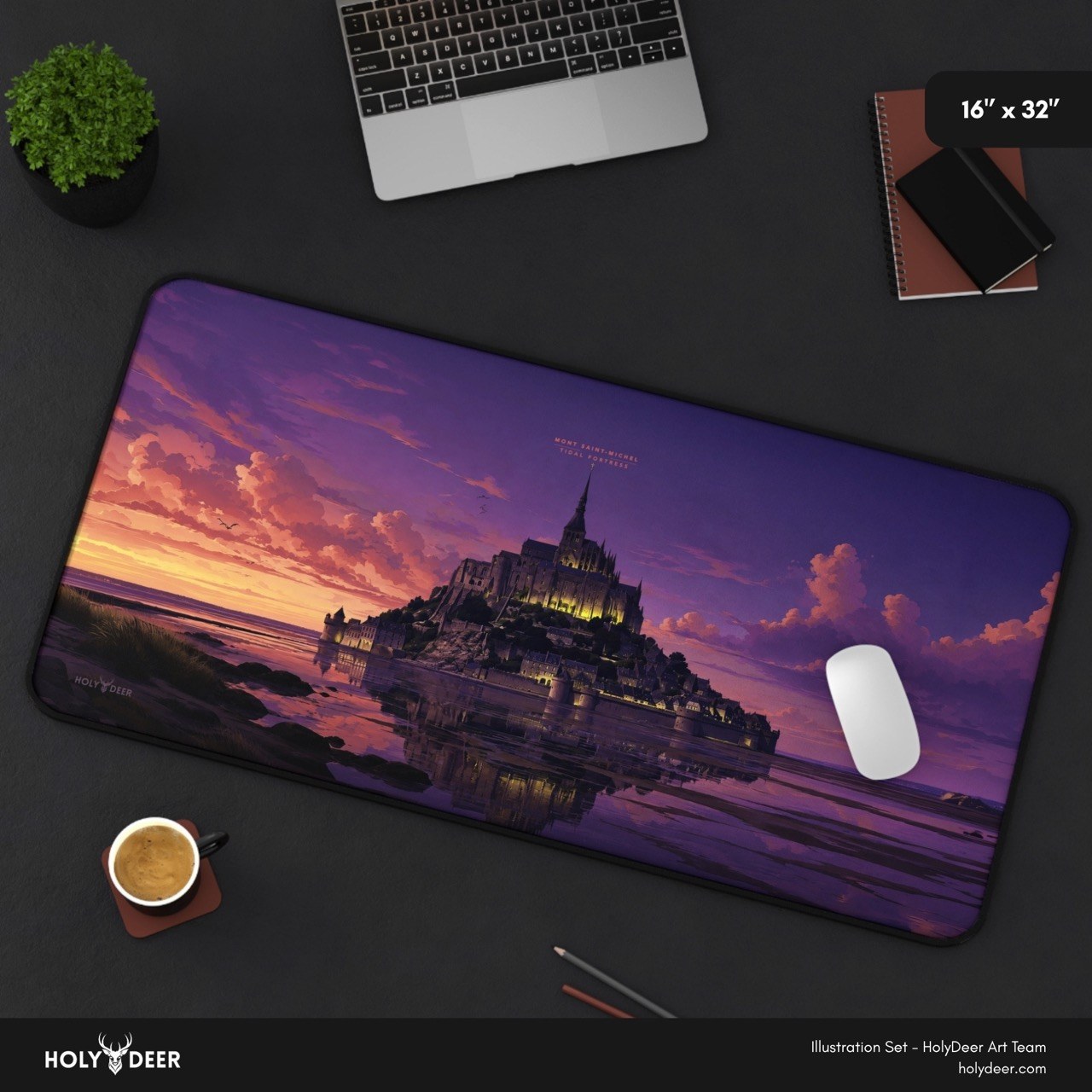 Mont Saint-Michel Tidal Fortress desk mat with illustrated French coastal scenery for fans of landmarks and travel art.