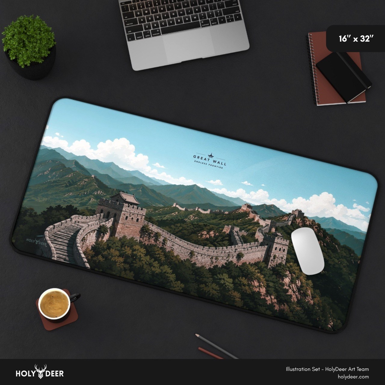 Oversized Great Wall mouse pad with panoramic landmark artwork, designed as a shared surface for keyboard and mouse