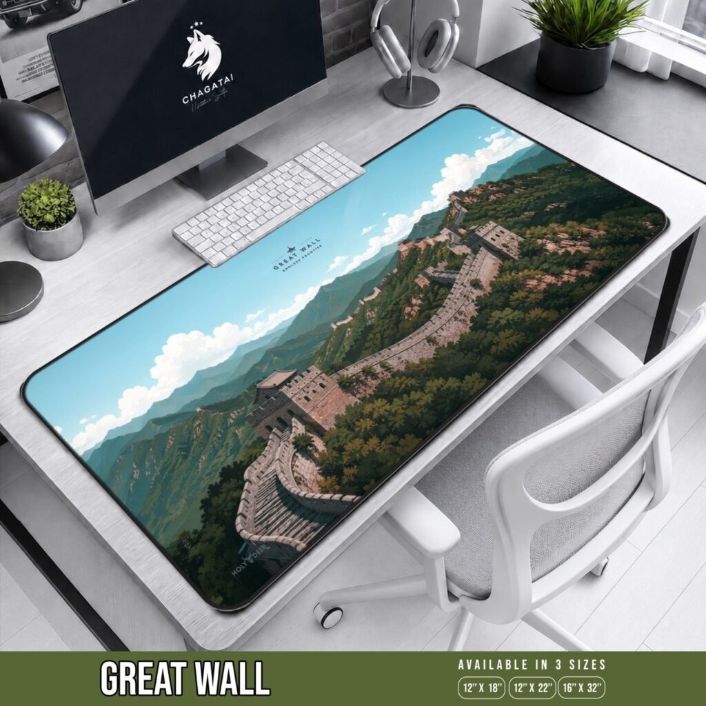 Great Wall desk mat with an illustrated stone wall crossing green mountains beneath blue sky, finished with a black stitched border