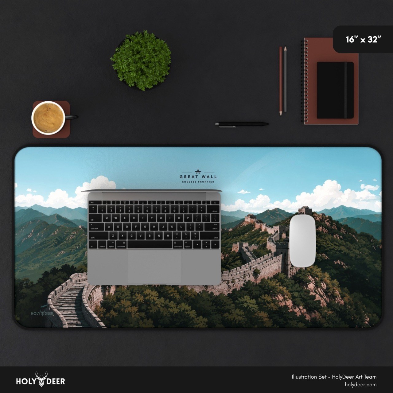 HOLY DEER Great Wall of China desk mat with illustrated mountain scenery and a landmark theme for everyday desk use