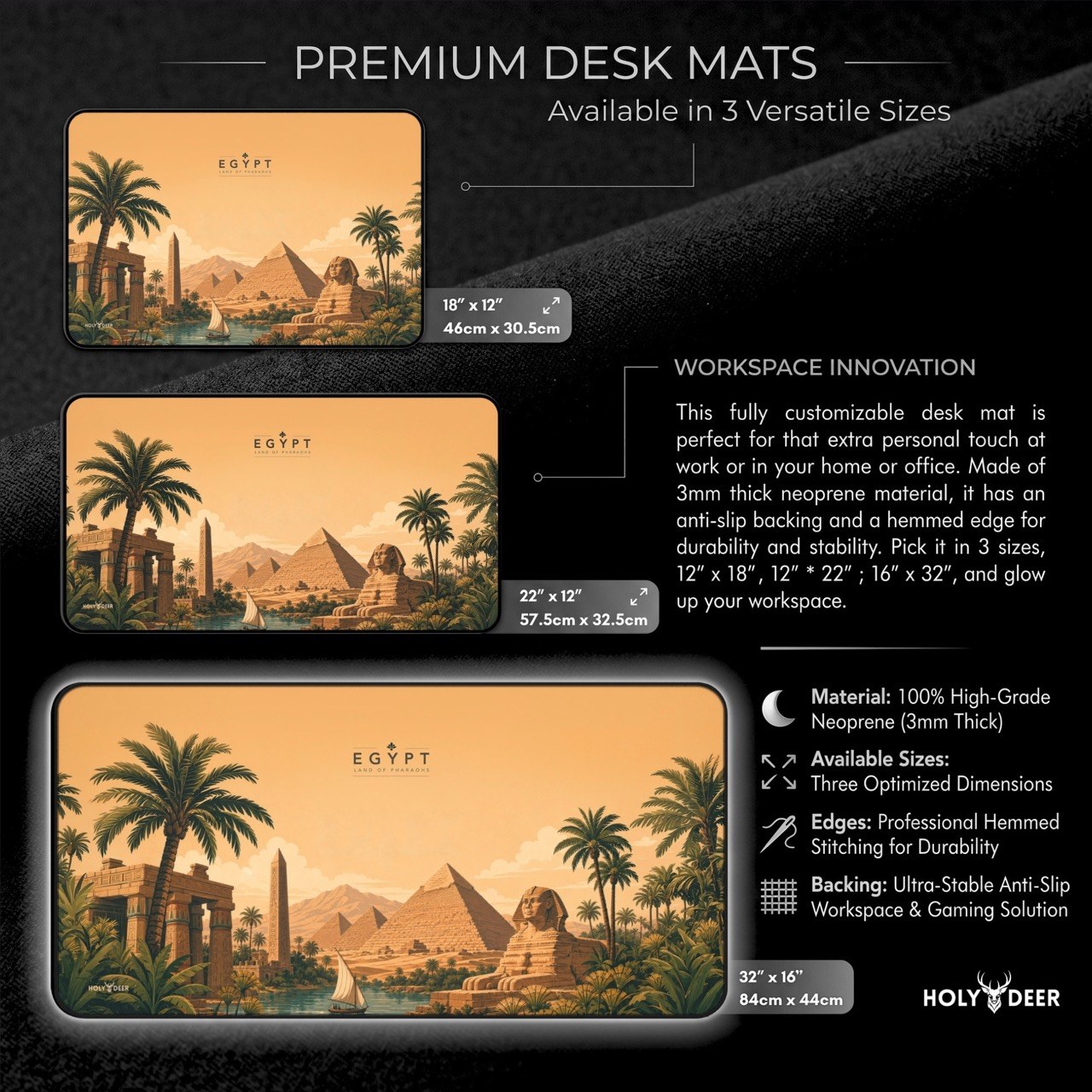 Pyramids desk pad with Egyptian travel artwork, including the Sphinx and sailboat, for a landmark-themed workspace.
