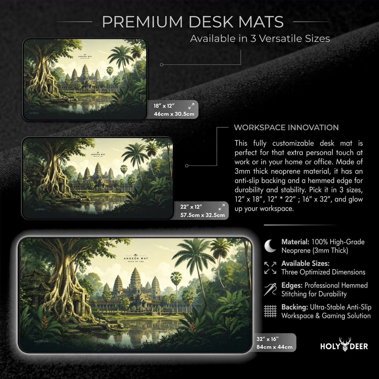 Roots of Time desk mat with Angkor Wat landscape art, bringing a tropical palette to a home office or creative workspace