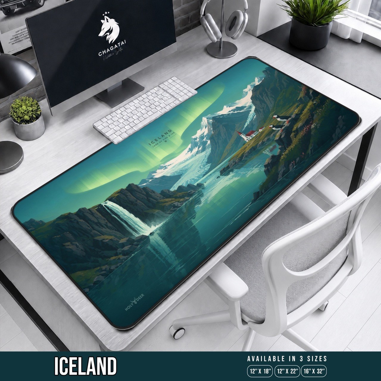 Iceland Aurora Desk Mat with green northern lights above snowy mountains, a glacier, waterfall, red-roofed church, and puffins