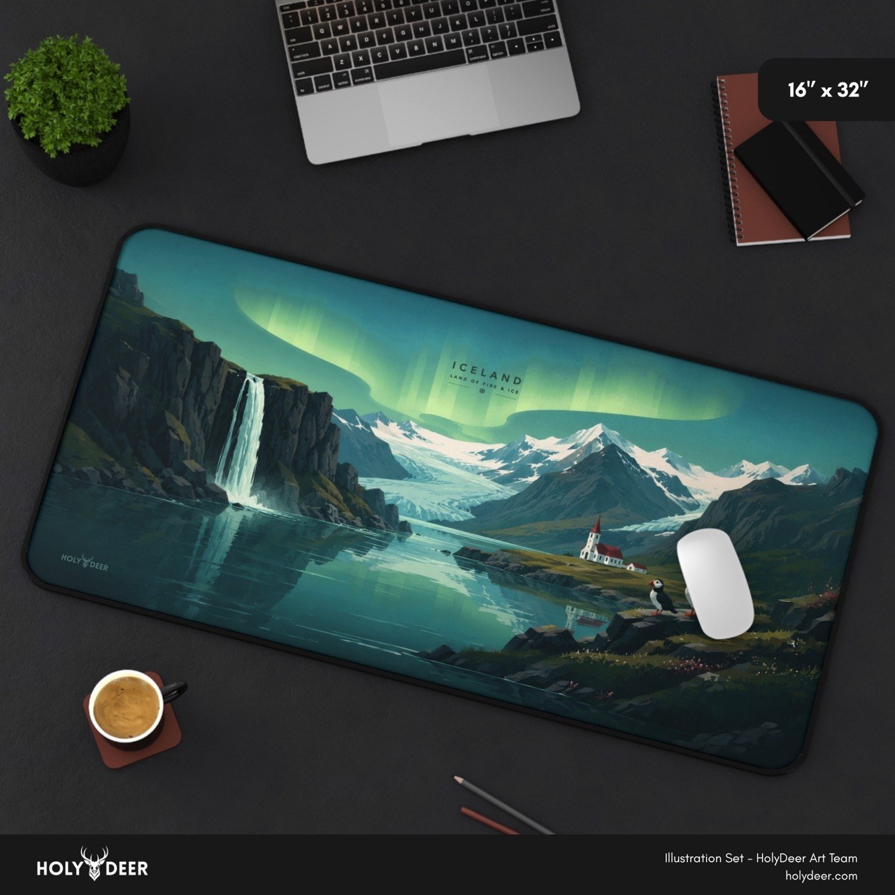 Northern lights desk pad with an illustrated Icelandic waterfall, glacier, and snowy peaks beneath green aurora bands