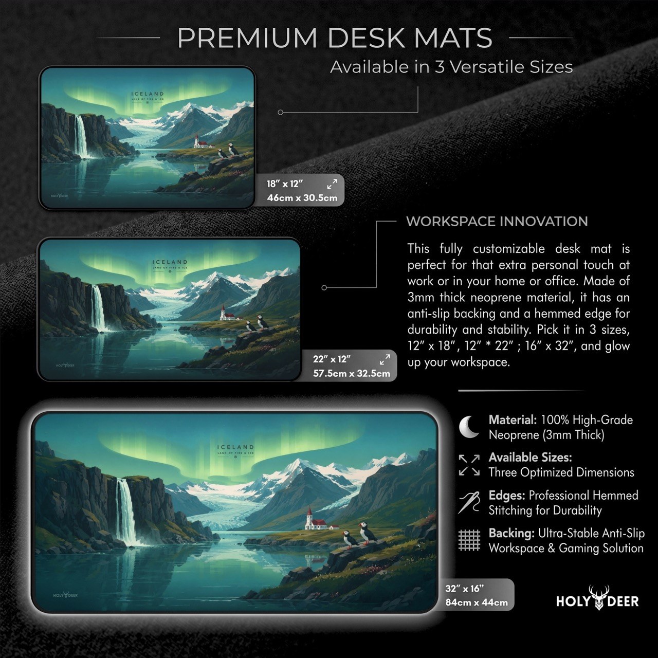 Iceland travel desk mat featuring northern lights, a mountain landscape, and puffins for a travel-themed workspace