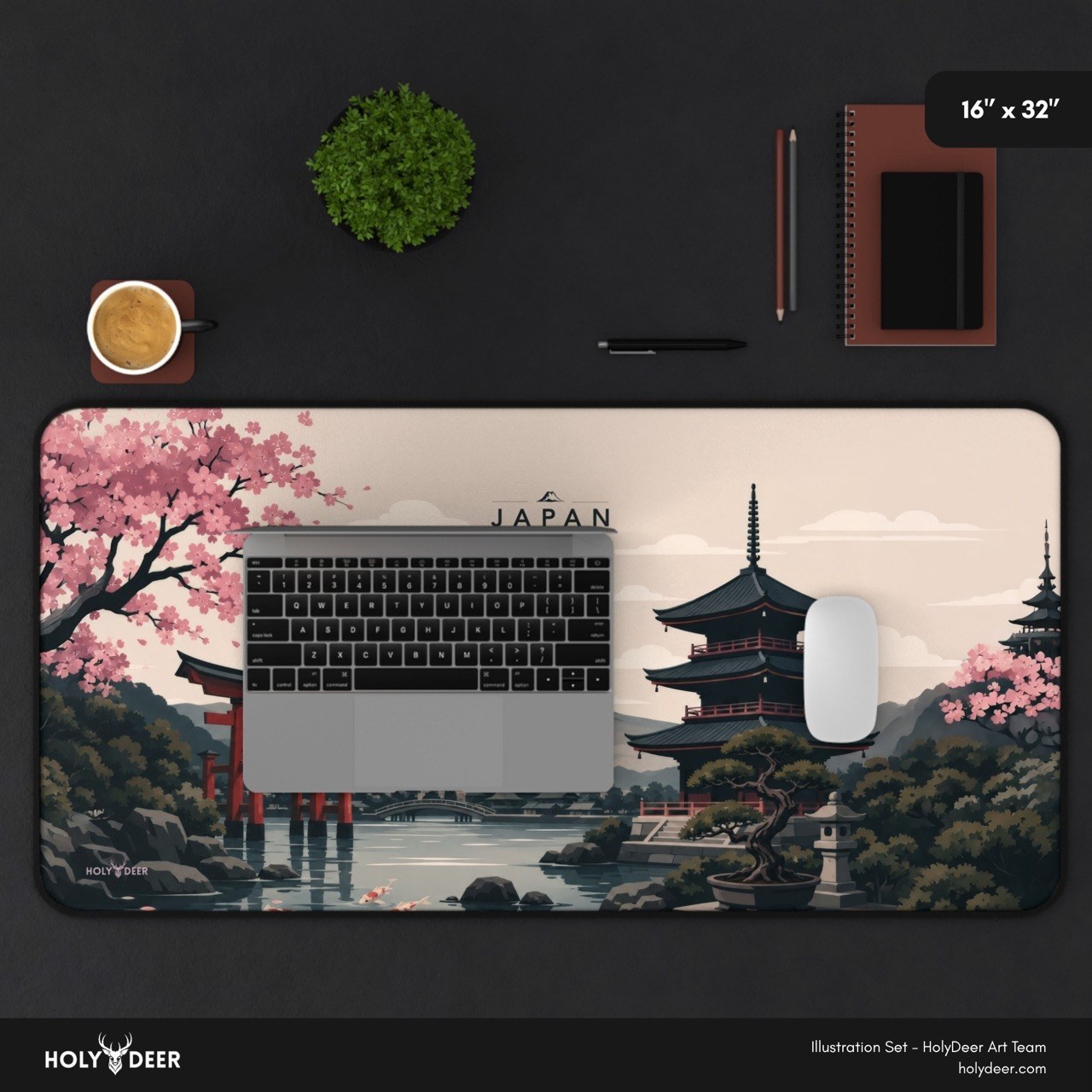 HOLY DEER Japan landscape desk mat with cherry blossoms, koi, pagodas, and torii gates in illustrated artwork