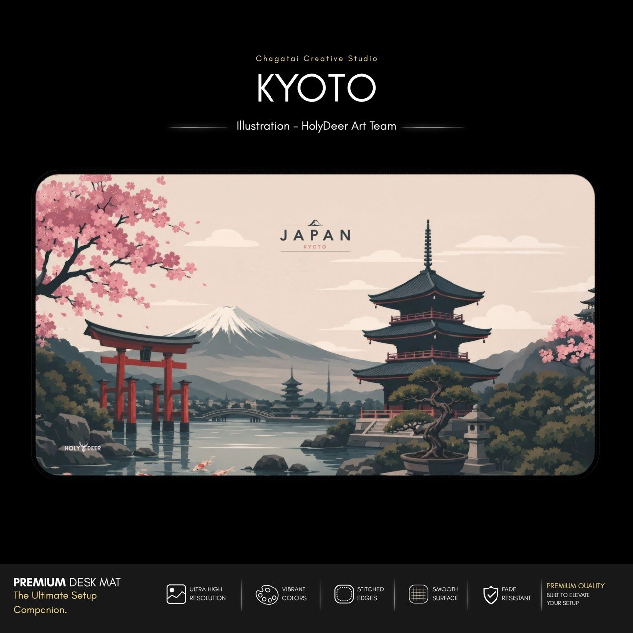 Japanese pagoda desk mat with a snow-capped mountain, cherry blossom branches, torii gates, and koi artwork