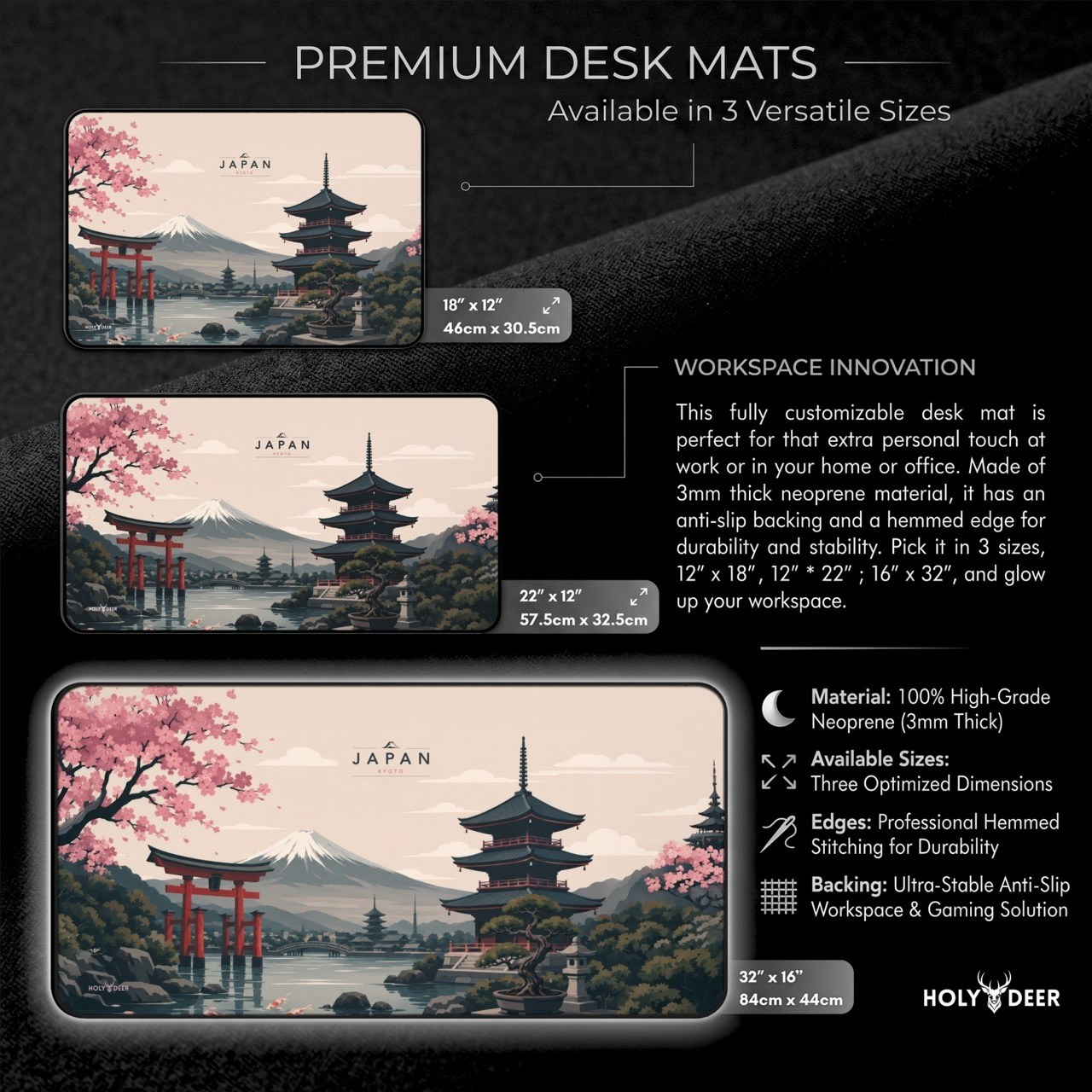 Japan travel desk mat with Kyoto lettering, cherry blossoms, pagodas, and koi in a calm illustrated landscape