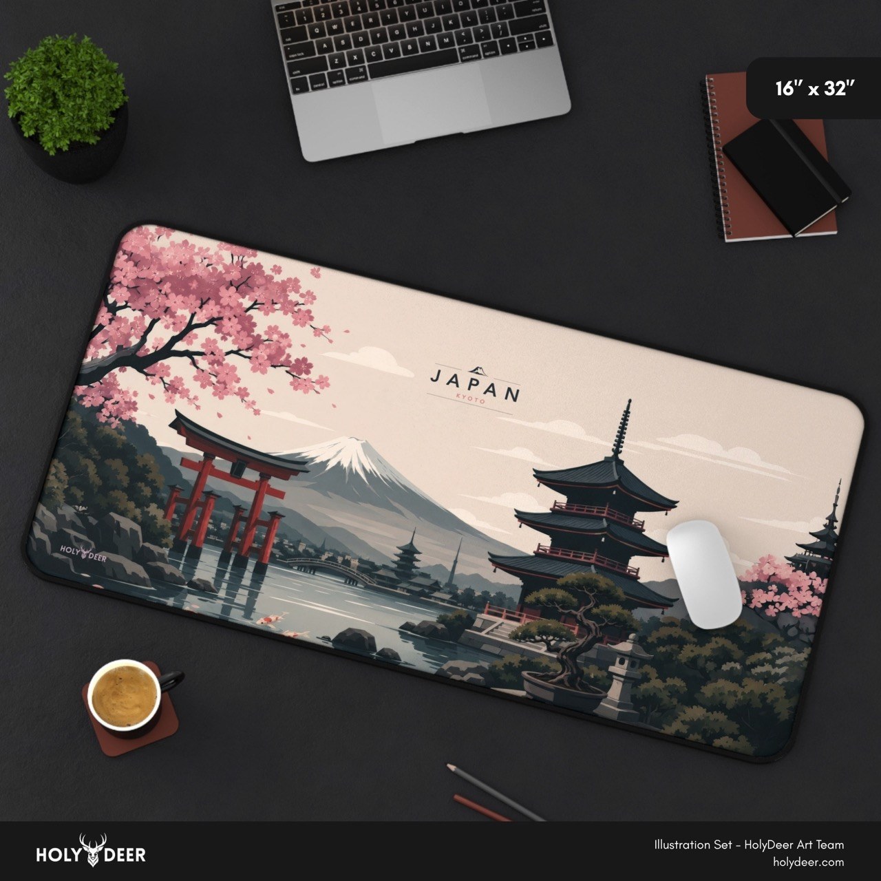Torii gate desk mat with red gates in a Japan-inspired waterside illustration framed by cherry blossoms and pagodas