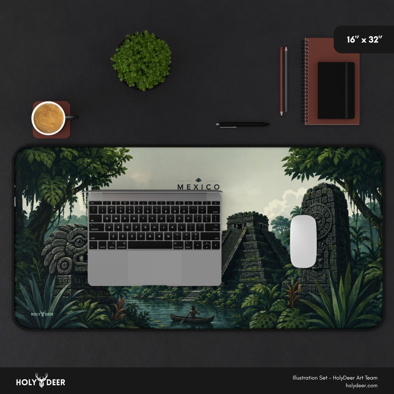 Illustrated Mexico pyramid desk mat with river, canoe, carved stone figures, and foliage in a panoramic jungle composition
