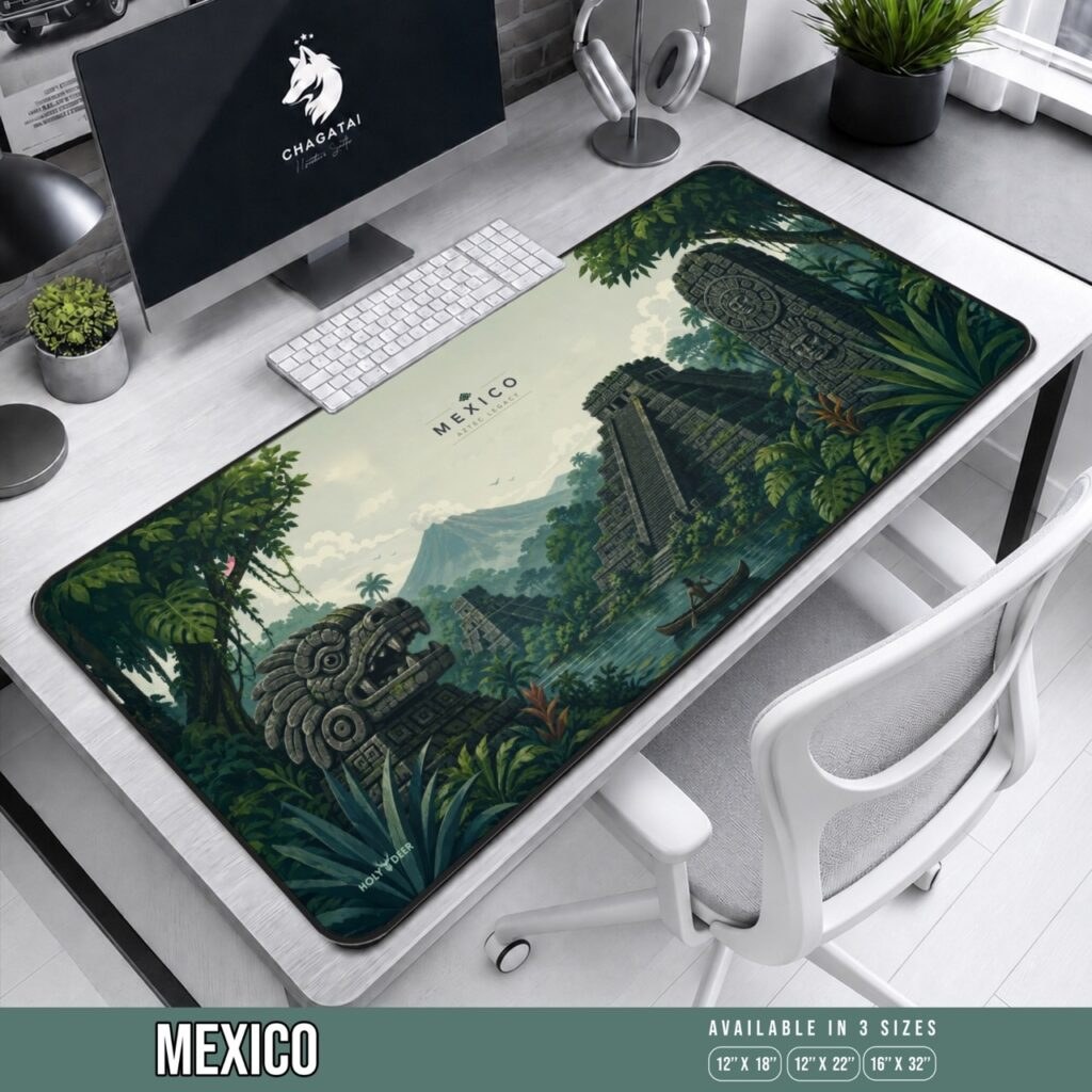 Aztec Legacy Desk Mat with HOLY DEER lettering, a stepped pyramid, carved stone figures, and a canoe on a jungle river