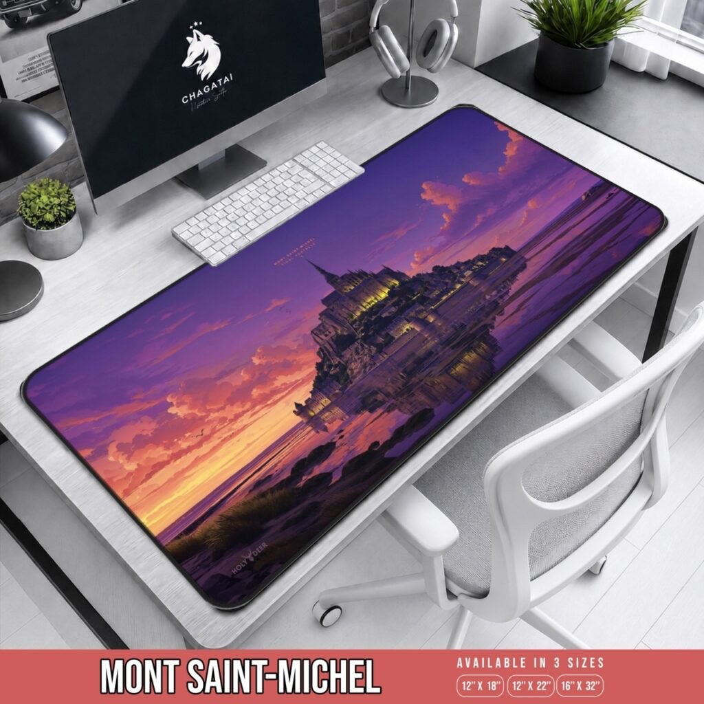 Mont Saint-Michel desk mat showing the illuminated abbey above reflective tidal flats beneath a purple and orange sunset.