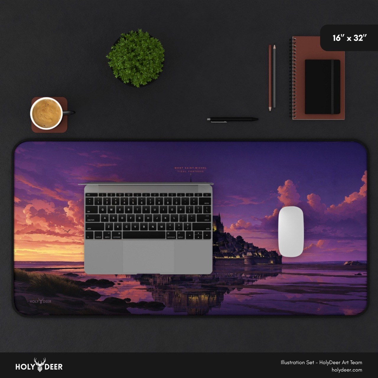 Illustrated Mont Saint-Michel keyboard and mouse mat featuring sunset colors and a distinctive French abbey setting.