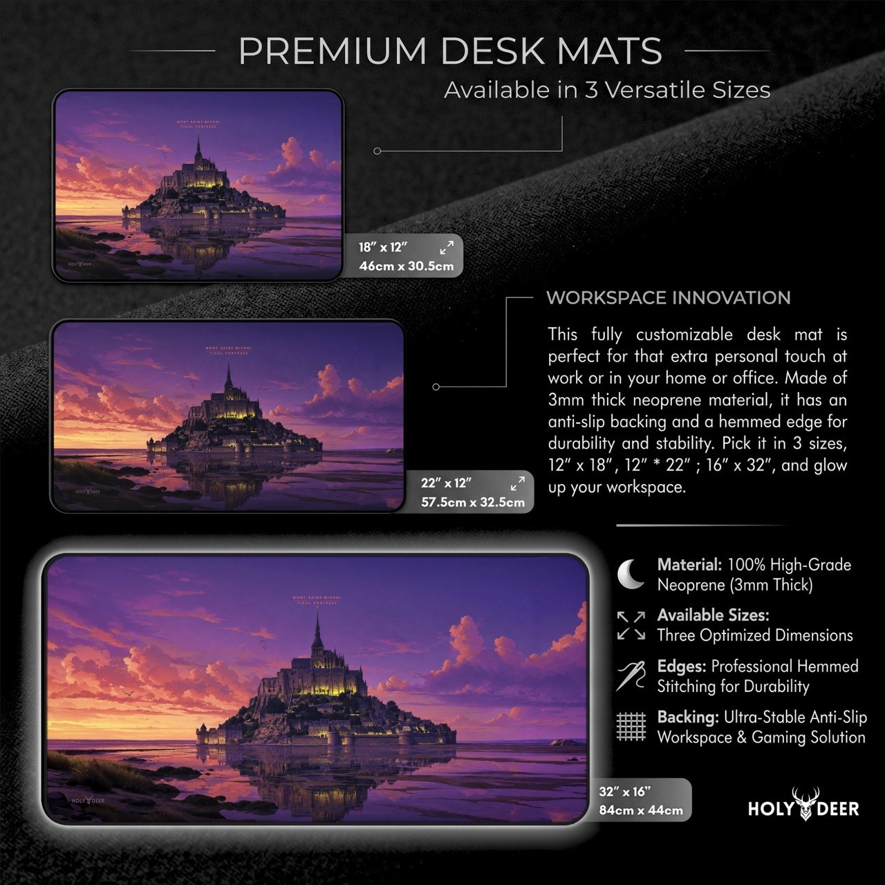 Travel illustration desk mat depicting Mont Saint-Michel at dusk, with an abbey and tidal waters as the scenic theme.