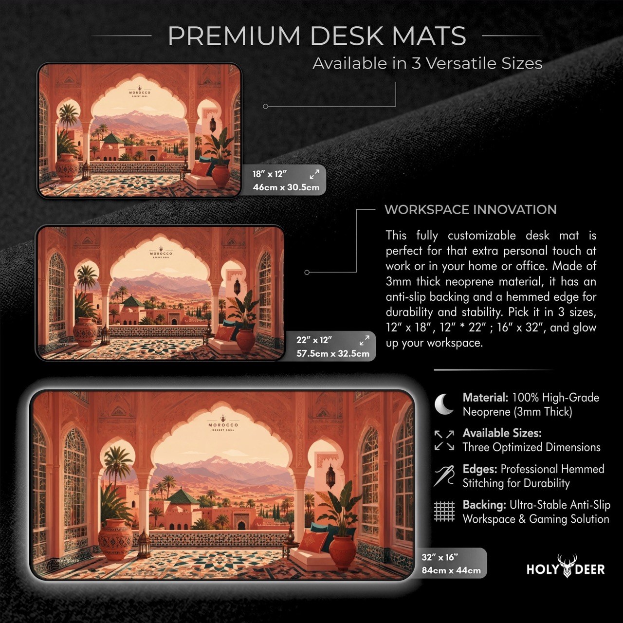 Holy Deer Morocco desk mat featuring Morocco Desert Soul terrace artwork with palms, decorative lanterns, and warm-toned arches.