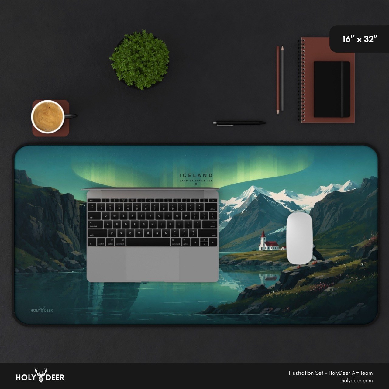Iceland aurora desk mat with puffins and a red-roofed church in a northern lights landscape illustration for the desk