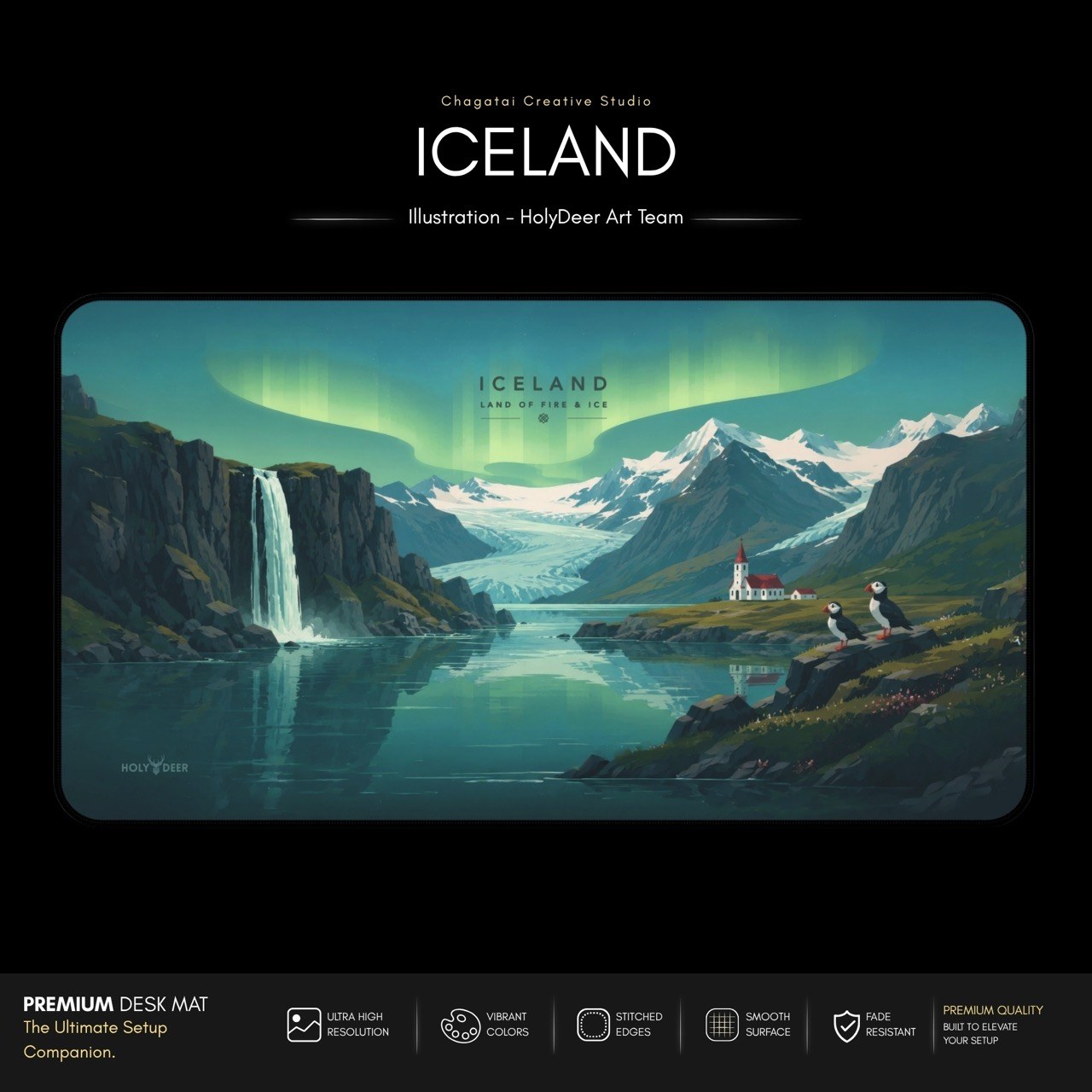 Aurora borealis desk mat depicting an Icelandic mountain scene with a glacier and waterfall in cool teal and blue tones