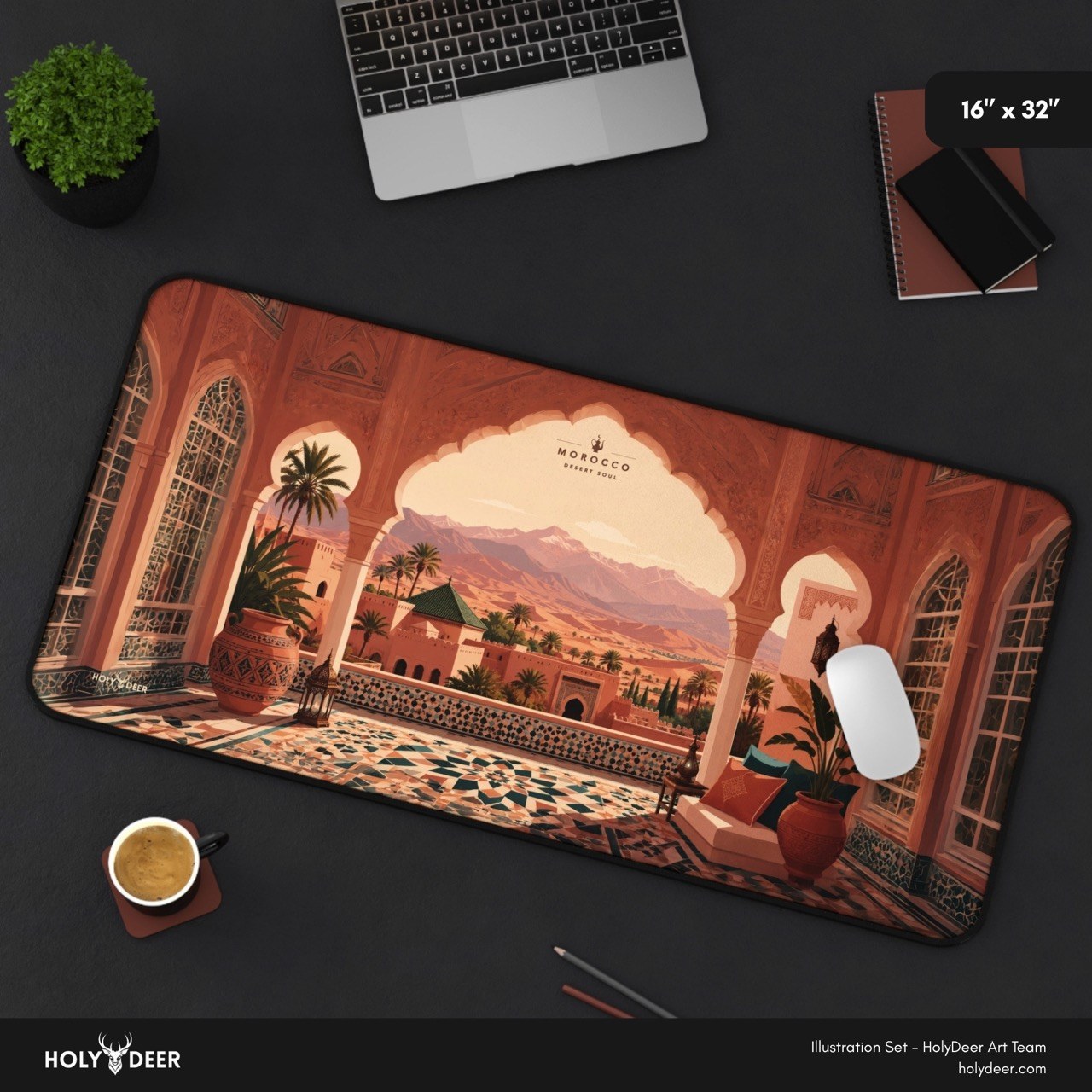 Moroccan tile terrace desk mat with desert view, showing illustrated arches, geometric patterns, and warm landscape colors.