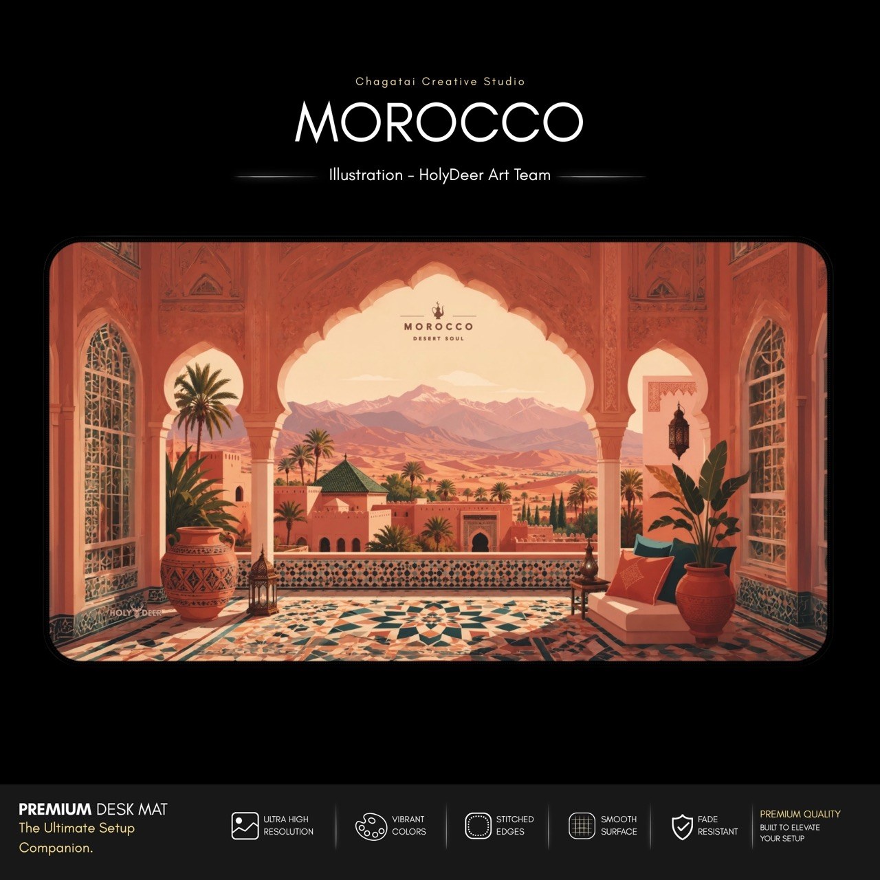 Moroccan terrace mouse pad with a patterned tile foreground, potted greenery, and arches opening toward a desert view.