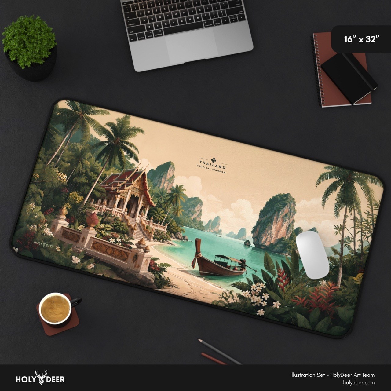 Scenic keyboard and mouse mat with Thailand beach artwork, a Thai temple, tropical foliage, a longtail boat, and island formations