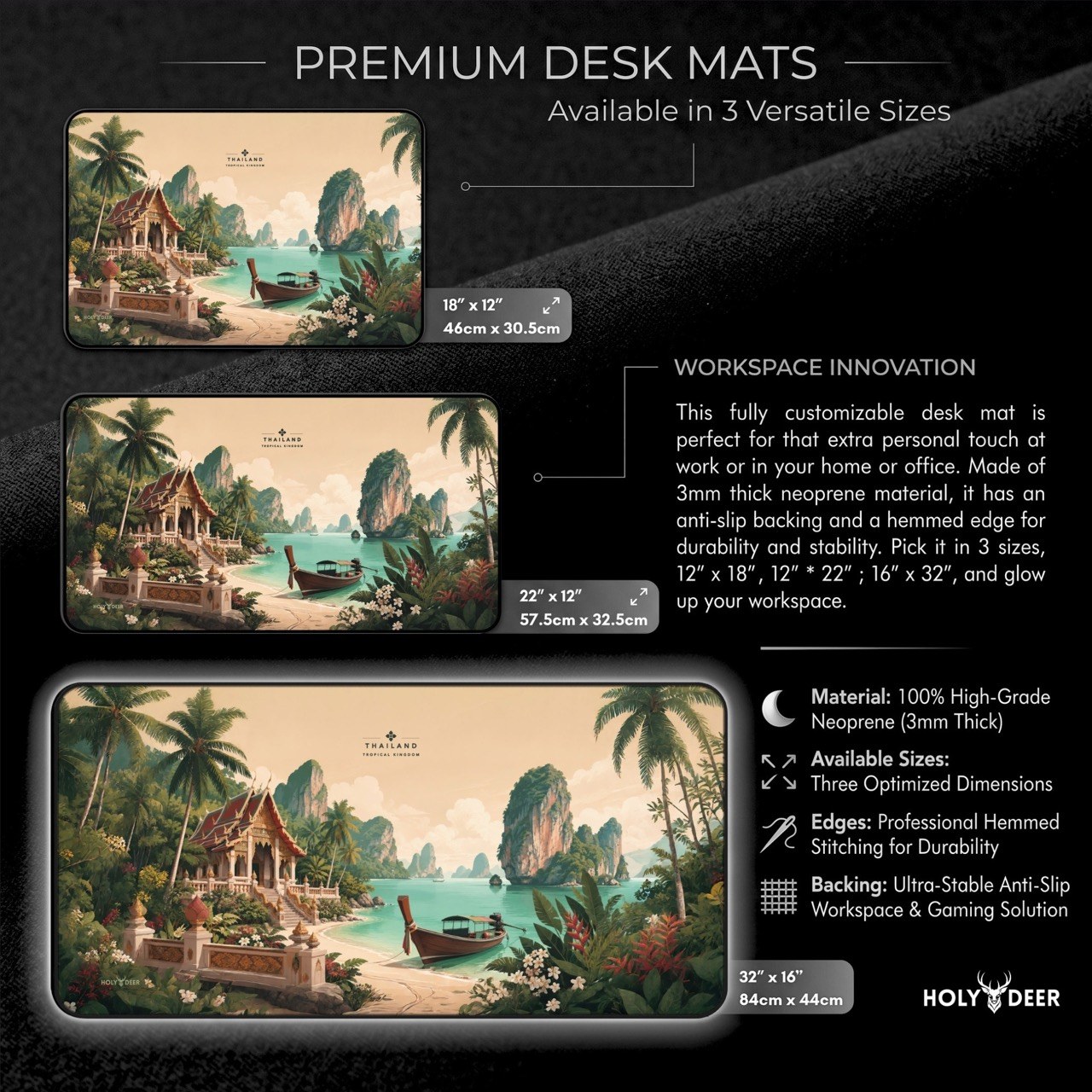 Thailand desk pad with a vintage-inspired coastal scene of a temple, longtail boat, palm trees, turquoise water, and limestone islands
