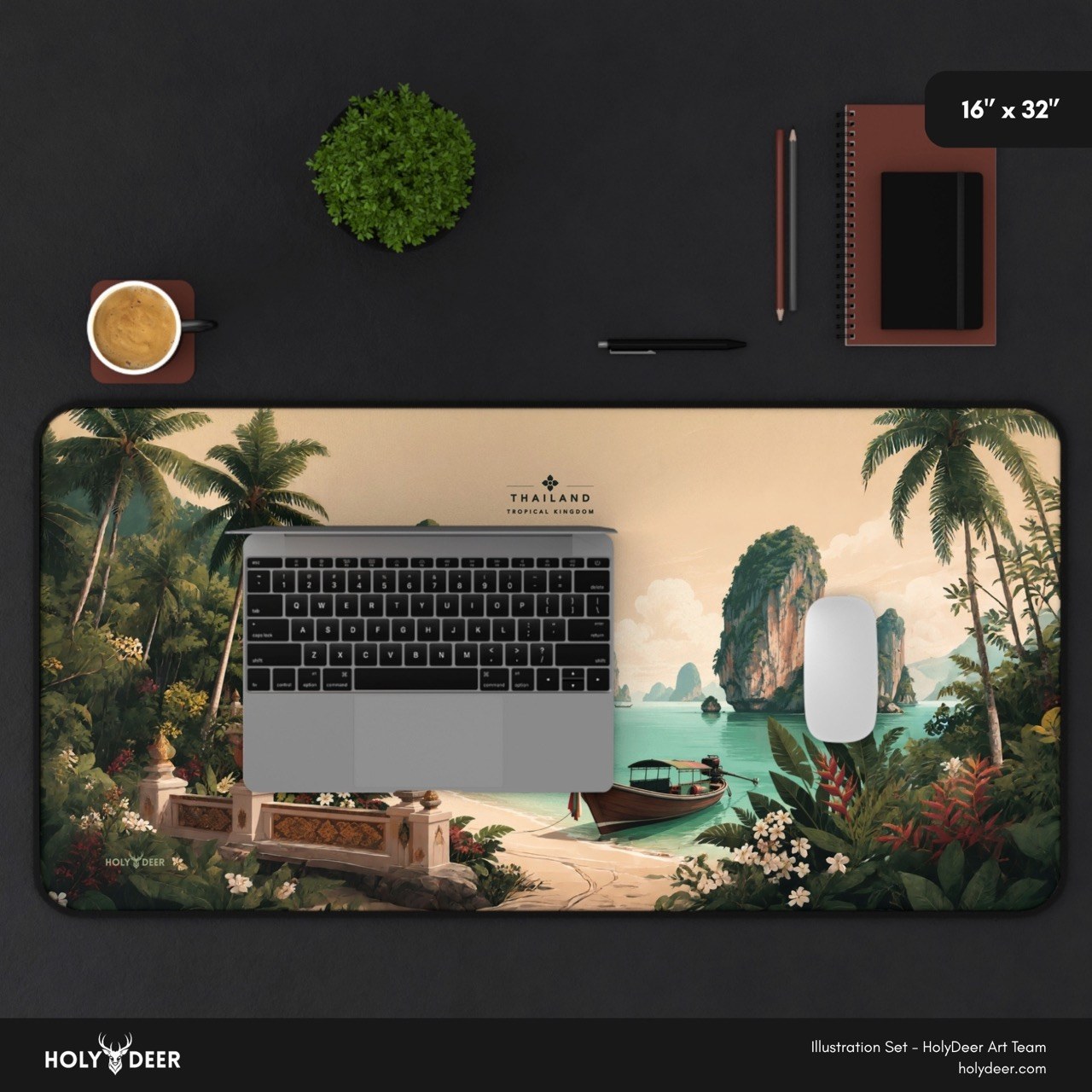 Vintage-inspired Thai beach desk mat depicting a tropical shoreline, temple, wooden longtail boat, palms, and limestone islands