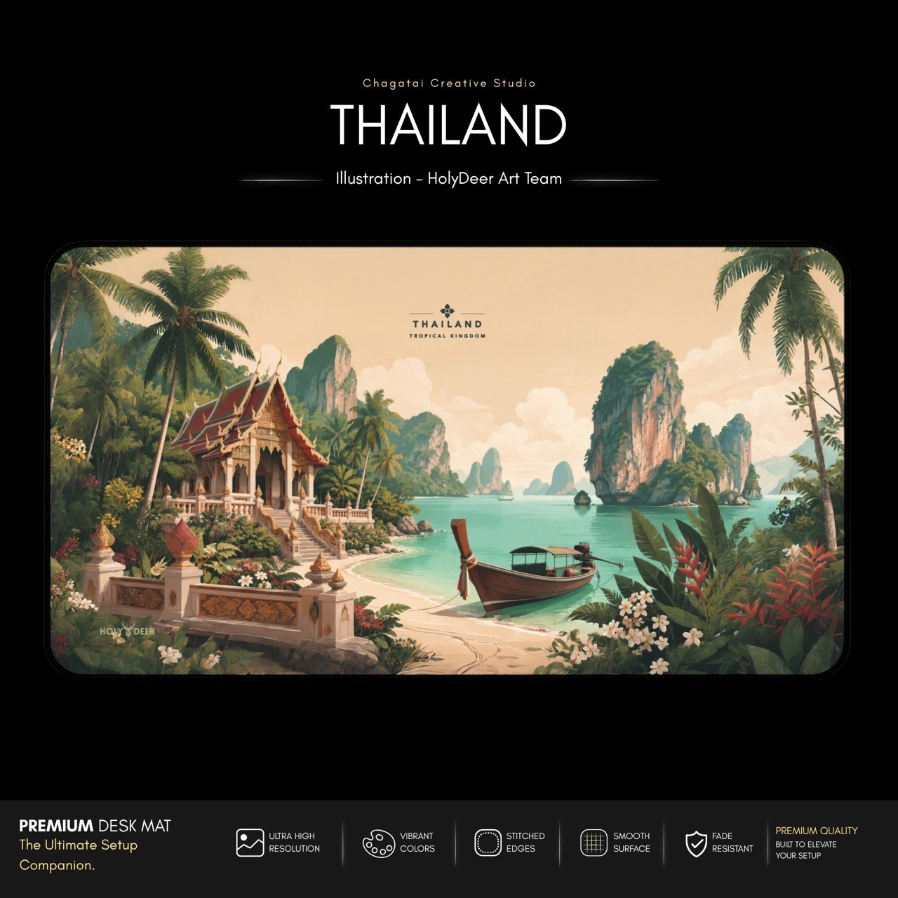 Tropical beach desk mat inspired by Thailand, with warm coastal colors, flowering plants, a Thai-style temple, and island scenery