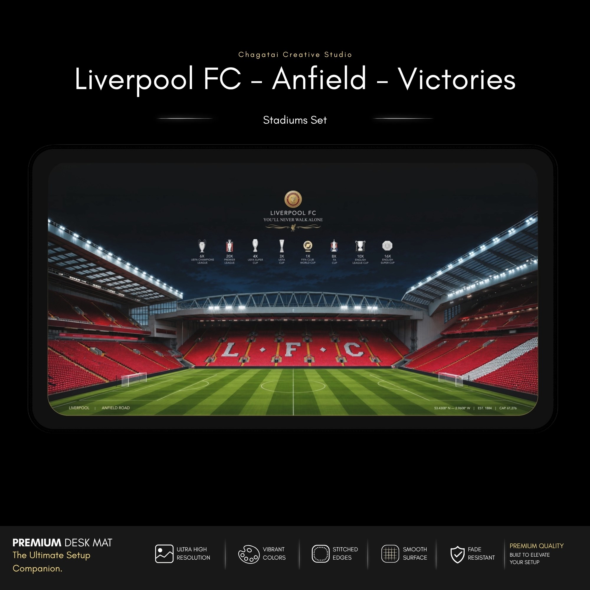 Football Deskmat with Liverpool stadium and trophy artwork, suited to a supporter's keyboard-and-mouse workspace